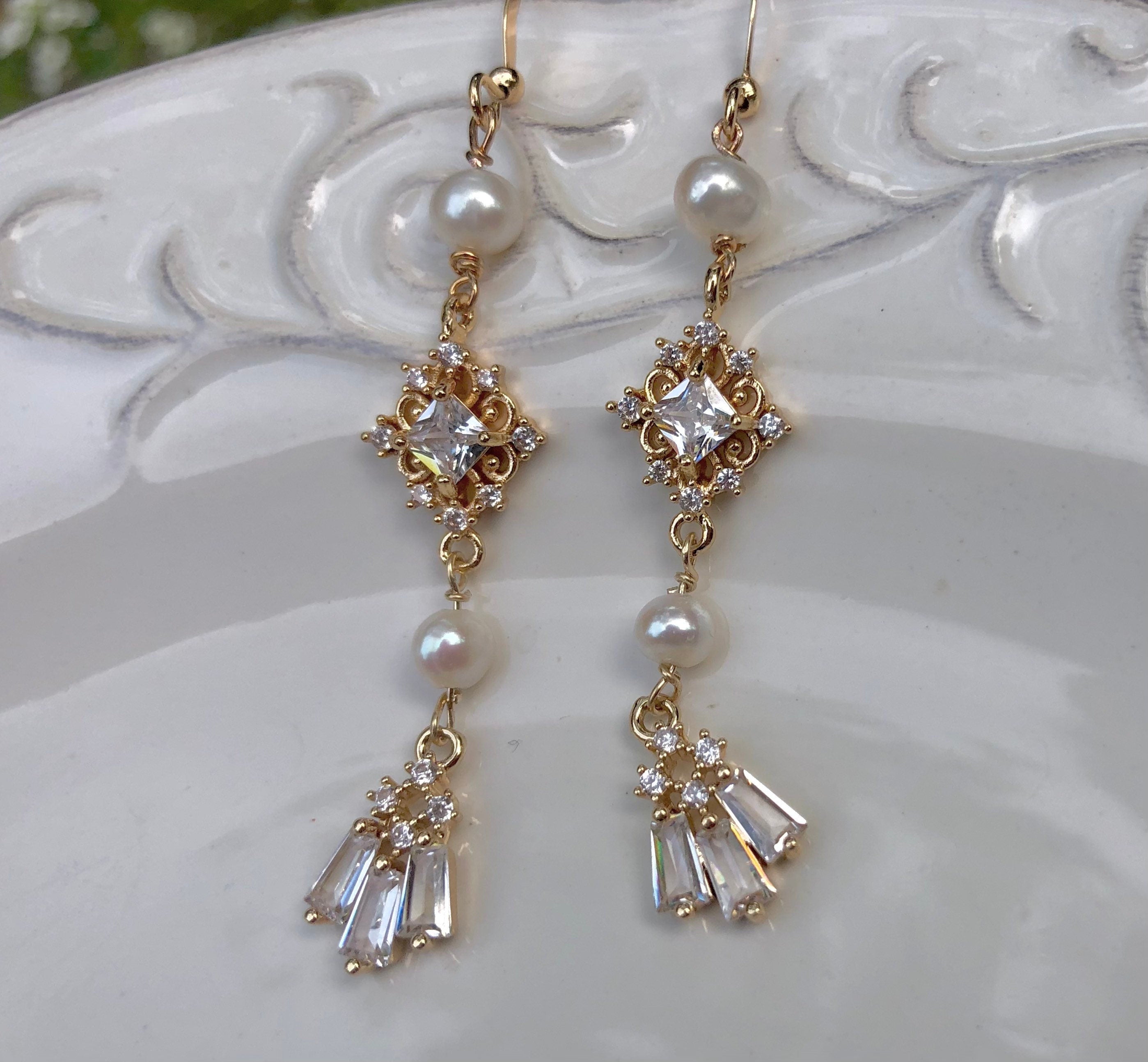 Victoria style elegant genuine pearl dainty earring. delicate zircon earring. France style design Swarovski earring. Wedding earring