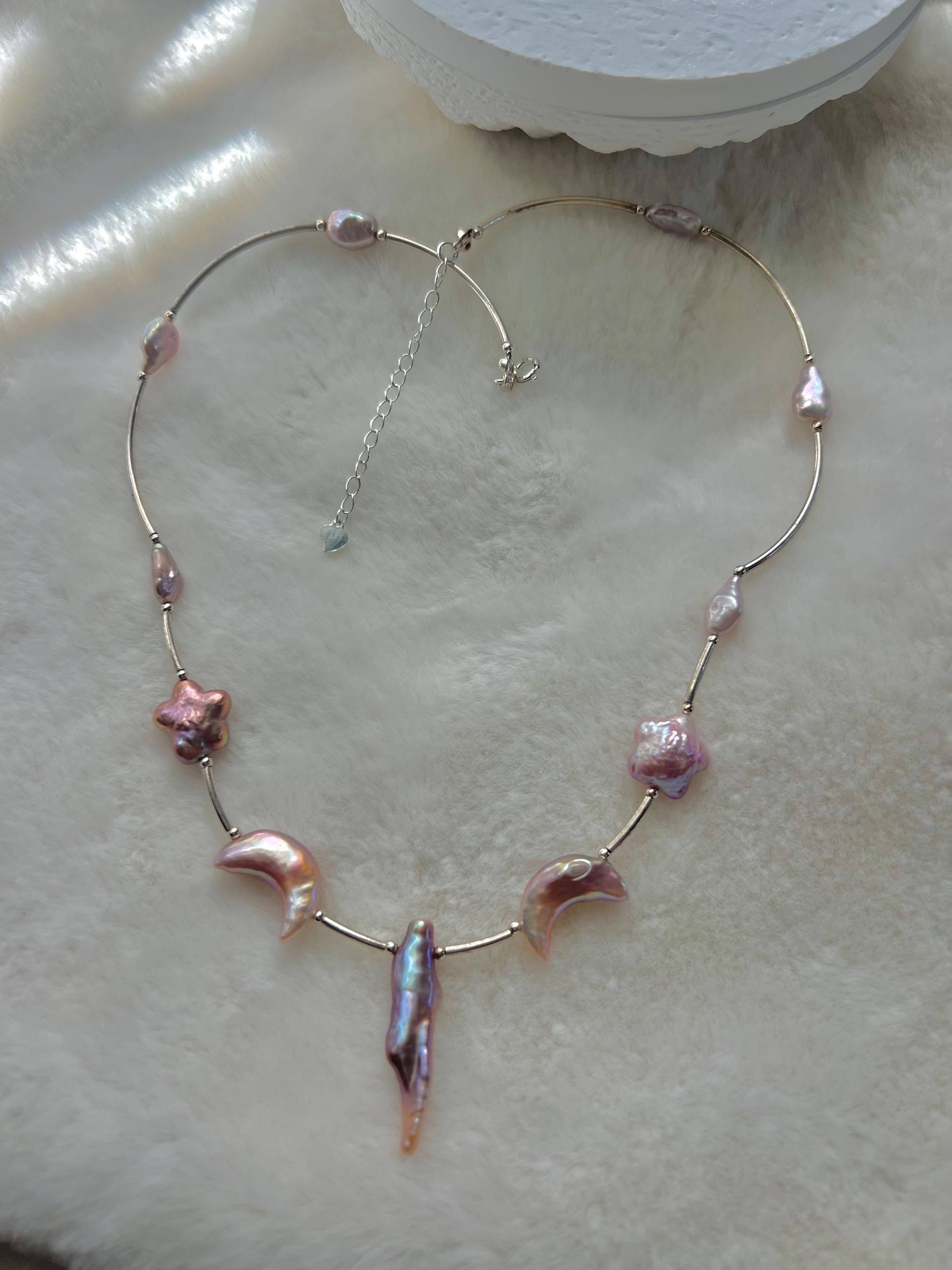 925 sterling silver Freshwater celestial baroque pearl bracelet. Iridescent pearl bracelet. Moon and star necklace/bracelet. Gift for her