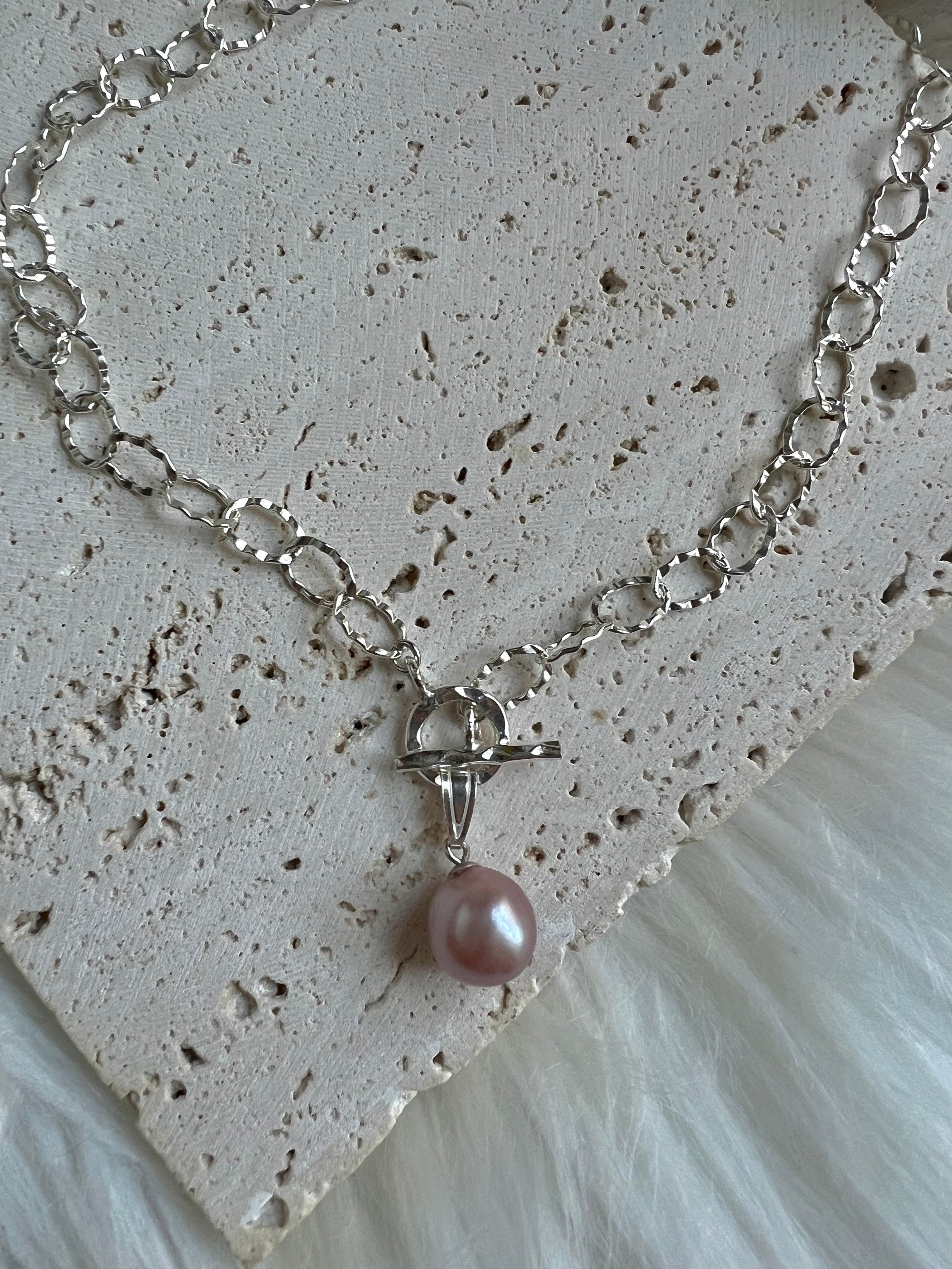 925 sterling sliver freshwater high luster baroque pearl sparkle chain charm OT clasp necklace. Minimalist pearl necklace. gift for her.