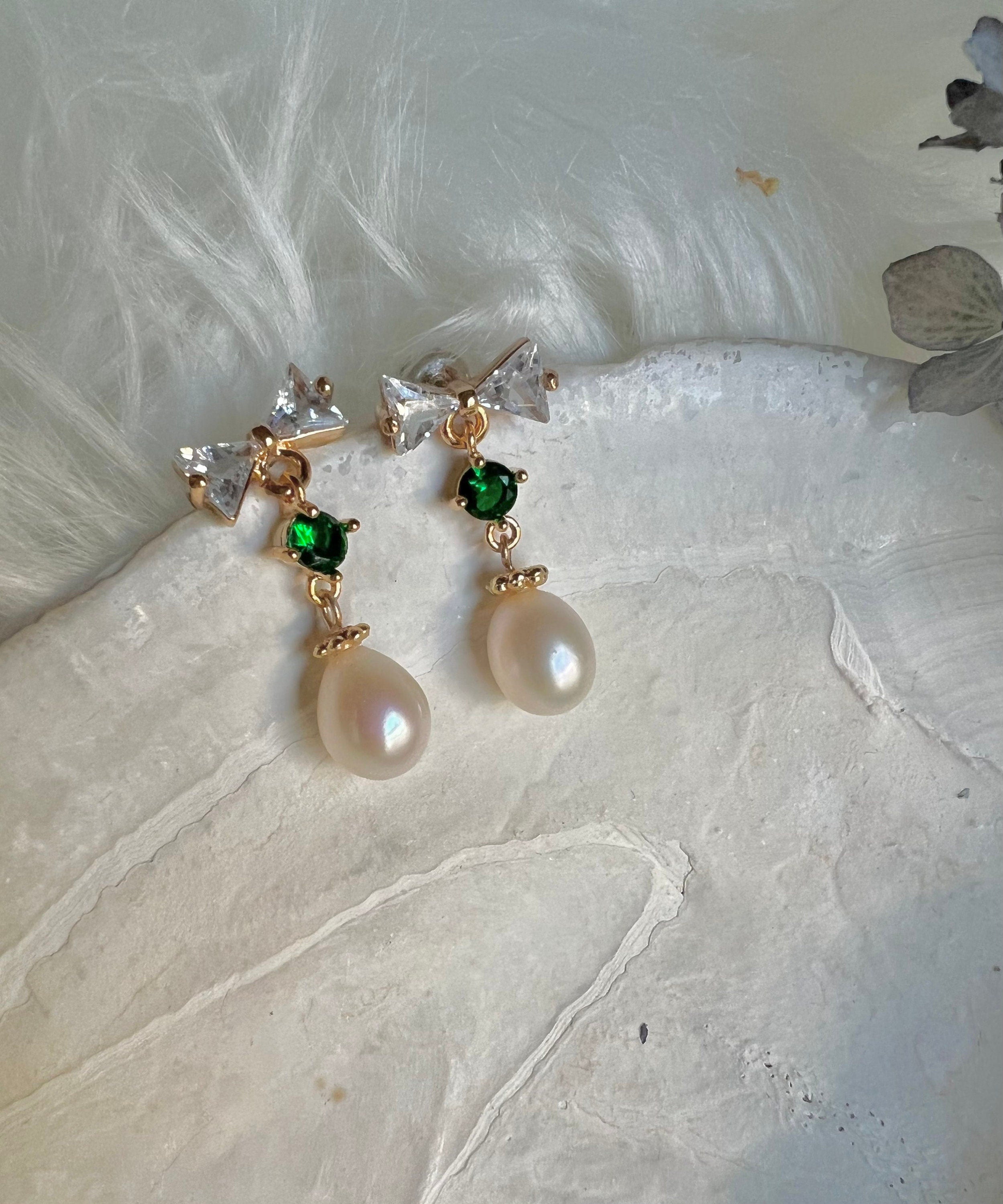 Butterfly stud freshwater pearl dangle earrings in sterling sliver. Delicate earrings. CZ crystal earrings. Emerald earrings. Drop earrings.