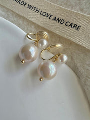 Freshwater double pearl ear back stud earrings. Baroque pearl dainty drop earrings. Bridal pearl dangle two ways earrings. Minimalist earrin