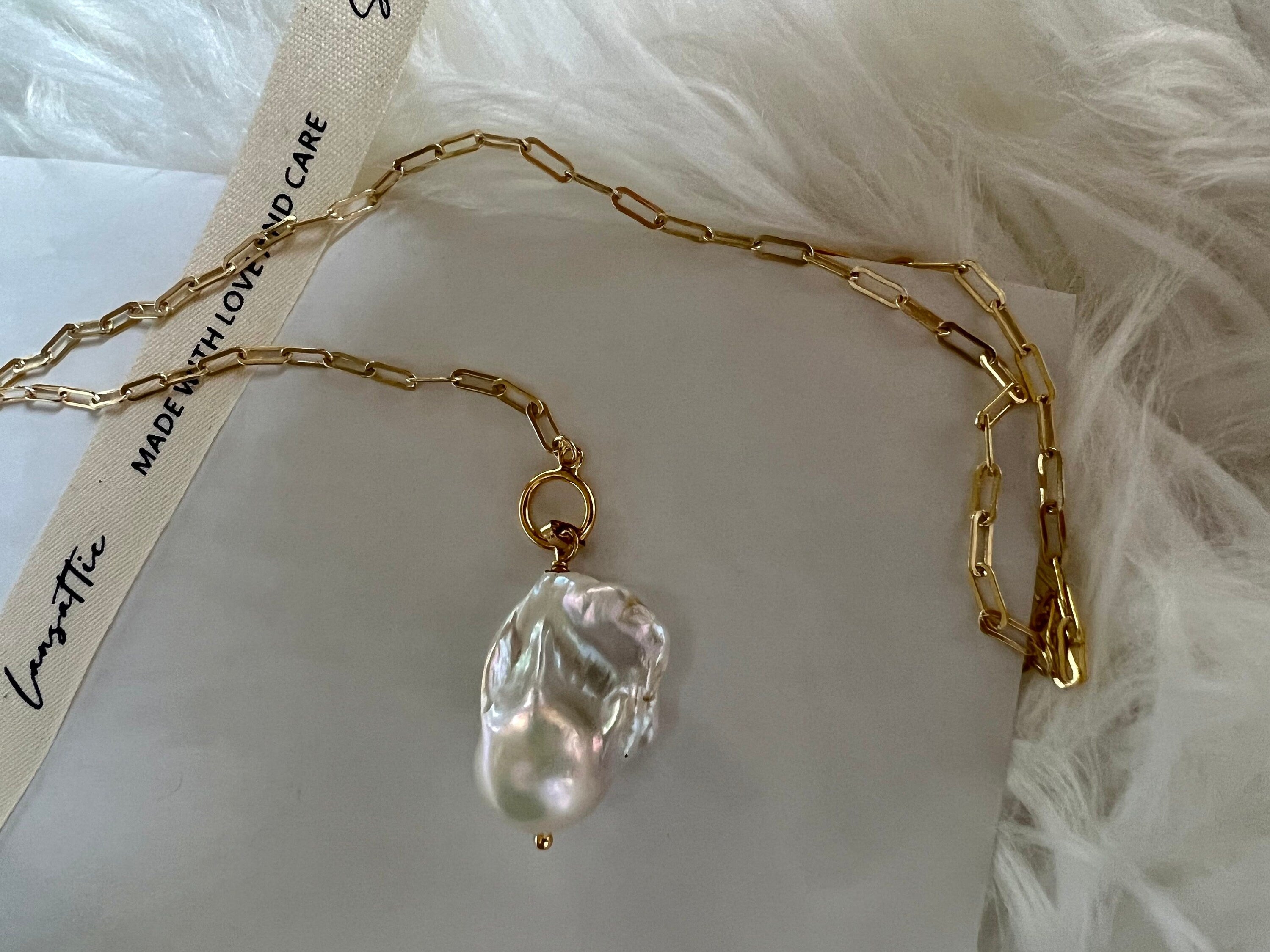 14K gold filled/925 sterling silver dangle high quality luster baroque necklace. Chunky link necklace. Stackable necklace. Gift