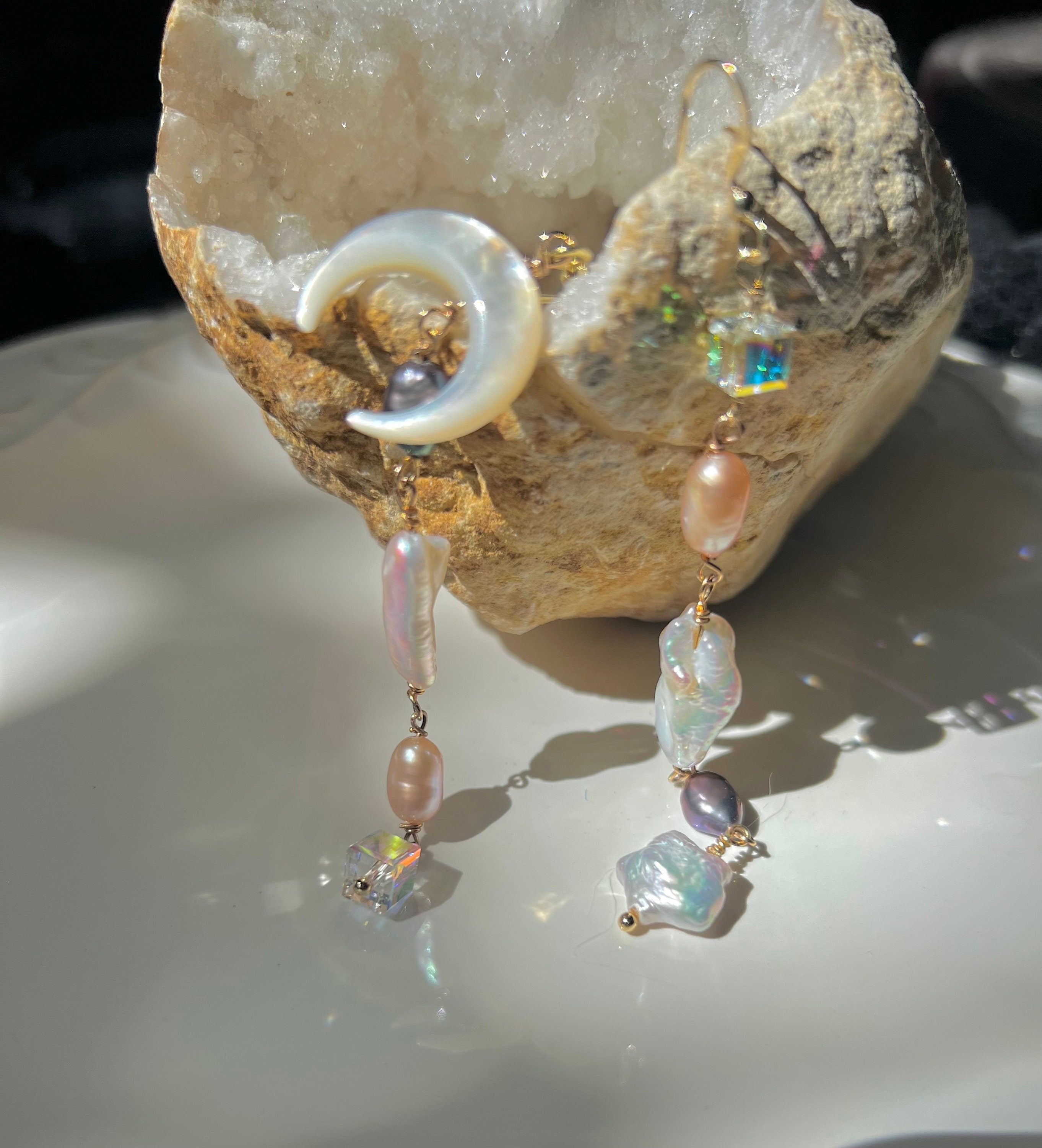 Multicolored multi-shape freshwater baroque pearl earring. Moon and star earrings. Crystal dangle Bridal earrings. Space sparkle earrings.