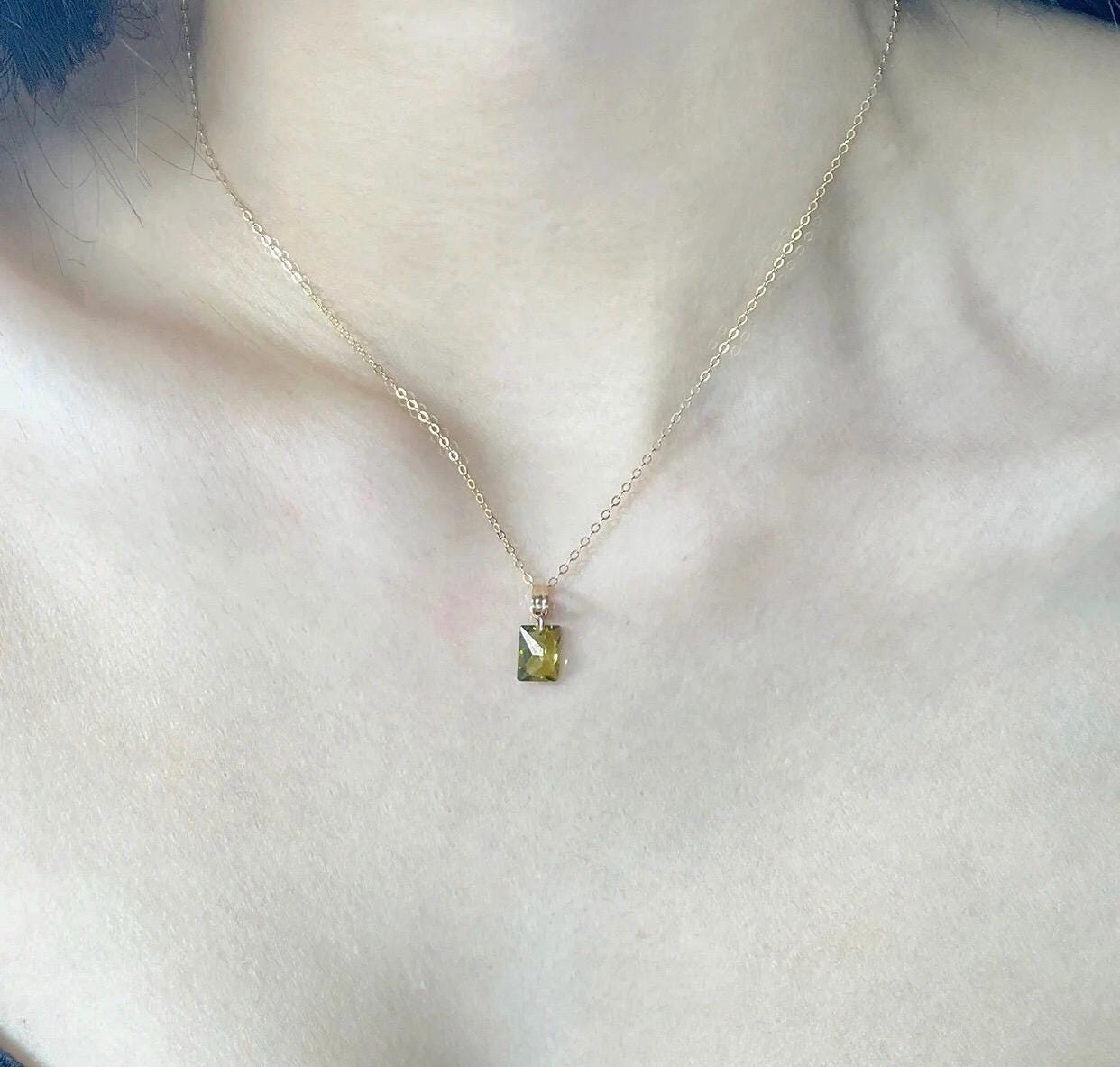 14K gold filled dangle olivine green necklace. Transparent rectangular shaped necklace. Gemstone necklace. Minimalist necklace