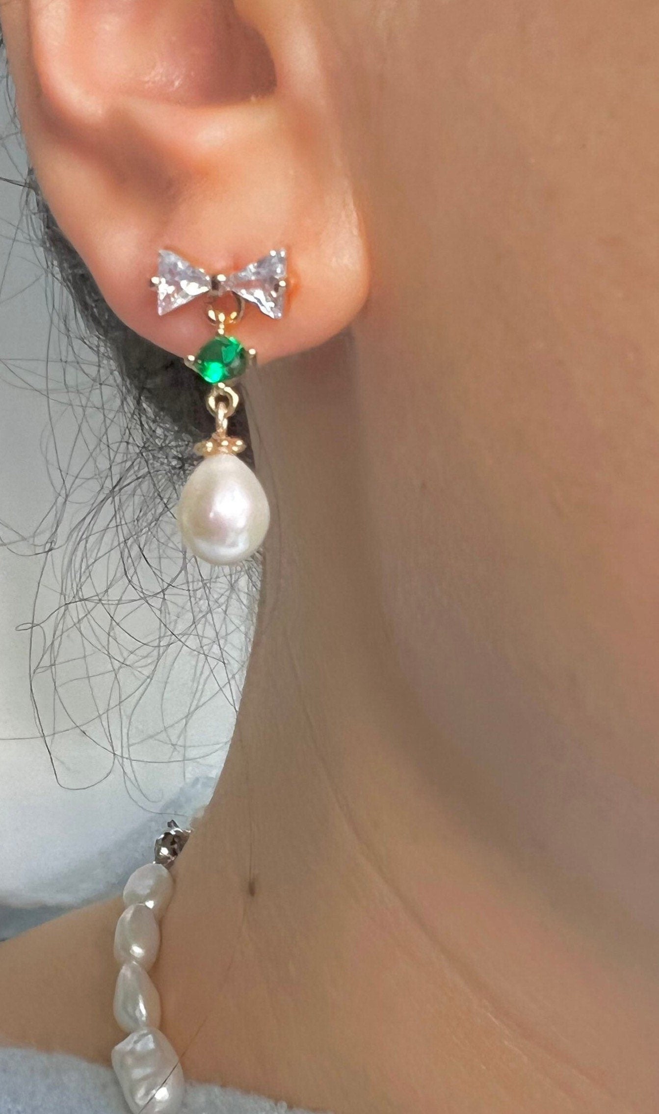 Butterfly stud freshwater pearl dangle earrings in sterling sliver. Delicate earrings. CZ crystal earrings. Emerald earrings. Drop earrings.