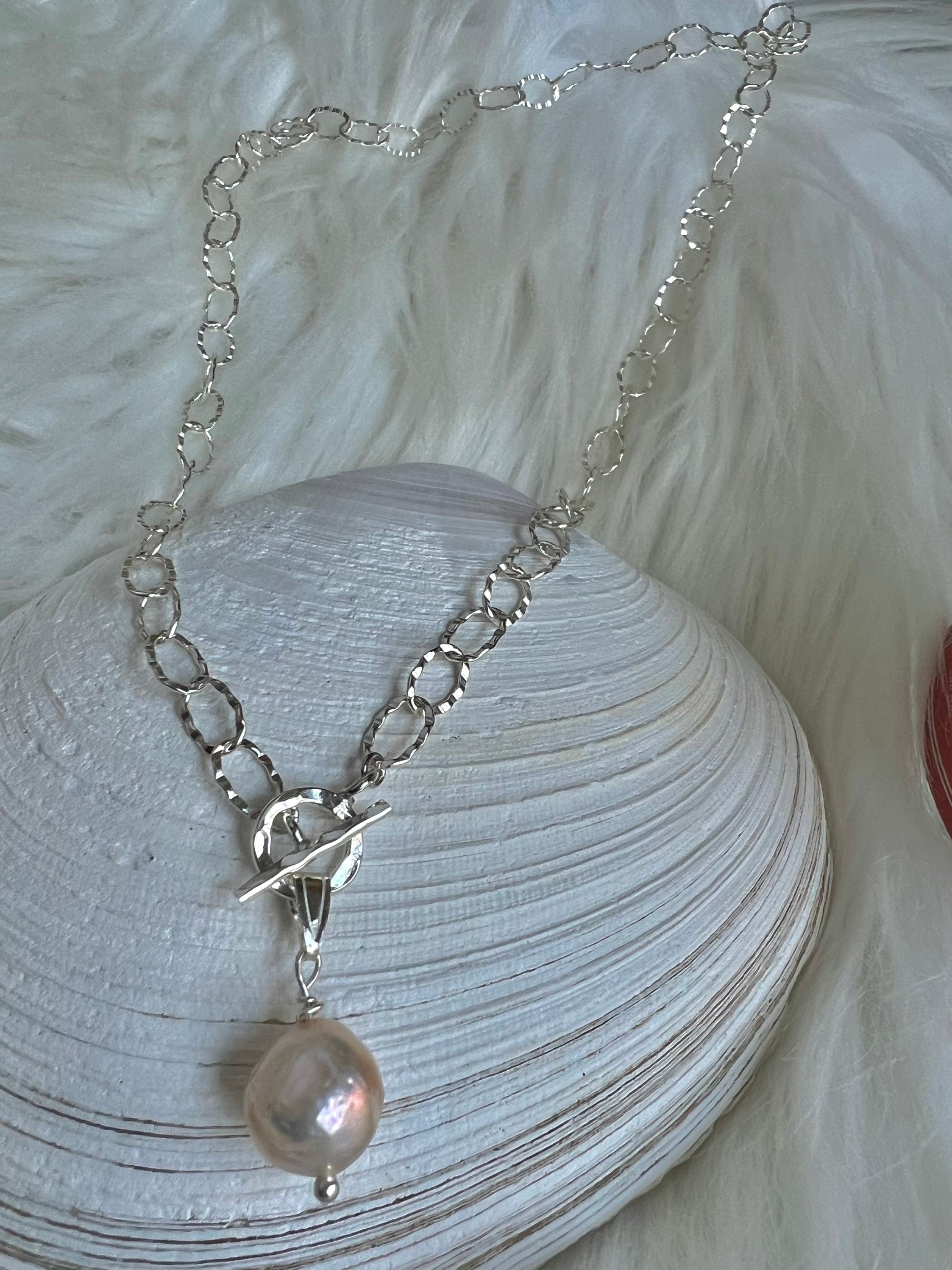 925 sterling sliver freshwater high luster baroque pearl sparkle chain charm OT clasp necklace. Minimalist pearl necklace. gift for her.