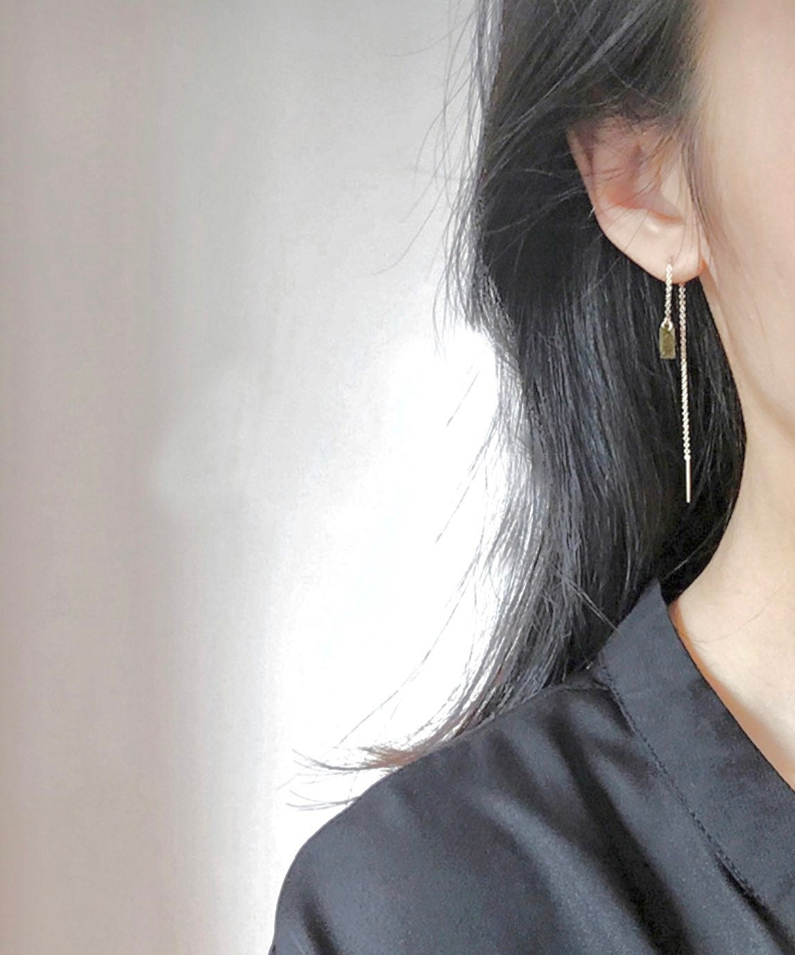 14K gold filled dangle olivine green threader/earrings. Transparent rectangular shaped earrings. CZ crystal earrings. Drop earrings.