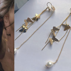 Gold butterfly long threader. Elegant freshwater pearl clip-on earrings. Dainty no pain threader. Delicate earring. Bridesmaid gift.