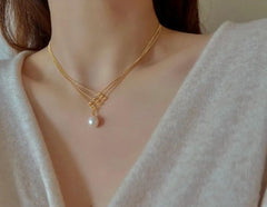 14k gold filled freshwater pearl France style double chain elegant dangle necklace. Wave necklace. Bridal necklace.