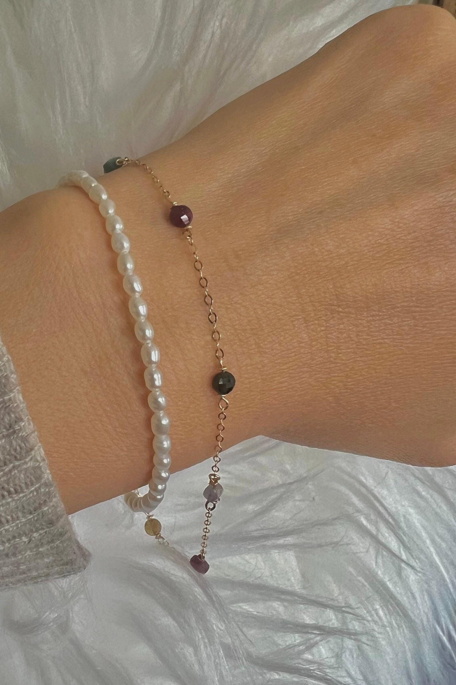 Freshwater Pearl gemstone double chain layered Bracelet. Gold & Silver elegant Chain Pearl Bracelet. Layering Chain Bracelet.