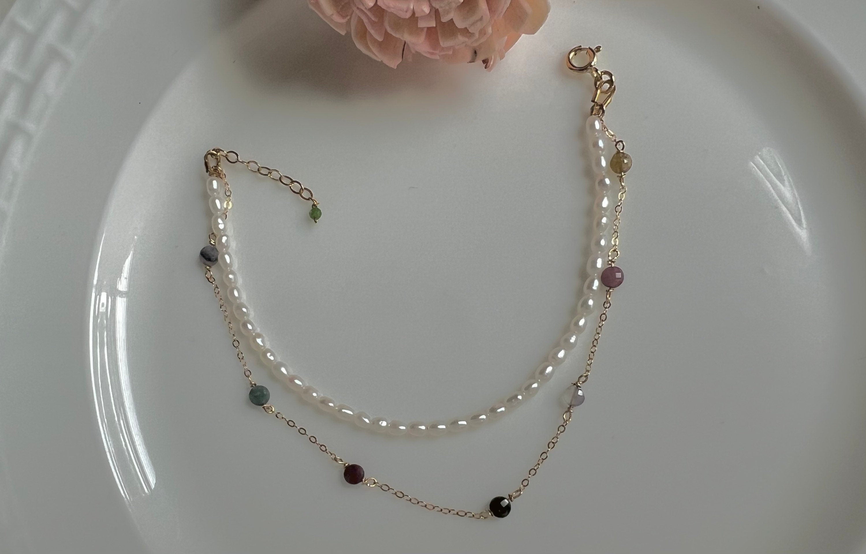 Freshwater Pearl gemstone double chain layered Bracelet. Gold & Silver elegant Chain Pearl Bracelet. Layering Chain Bracelet.