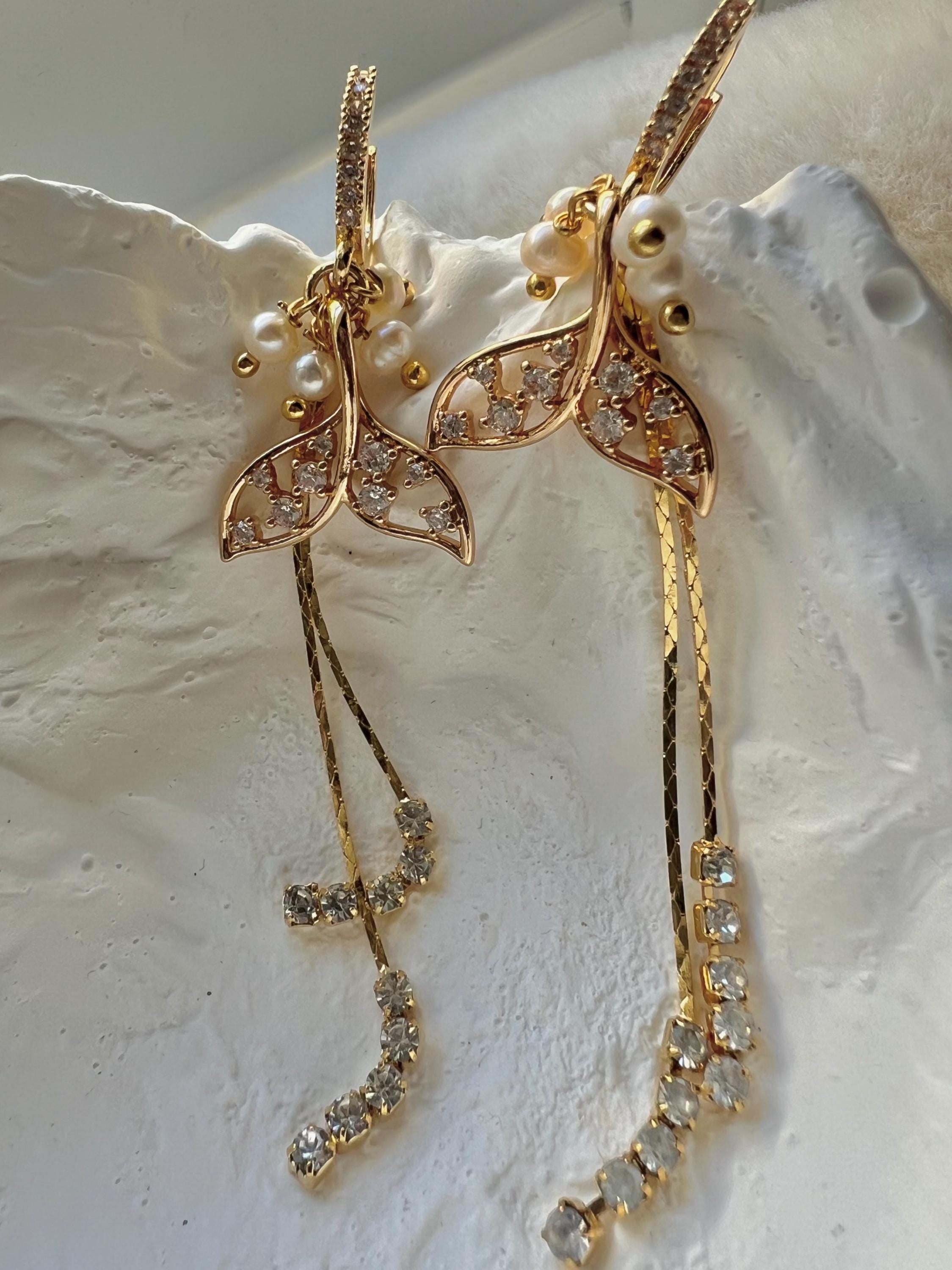 Chic sparkling crystal mermaid freshwater pearl hoop dangle earring. Diamond earrings. Bridal earrings. Gift for her.