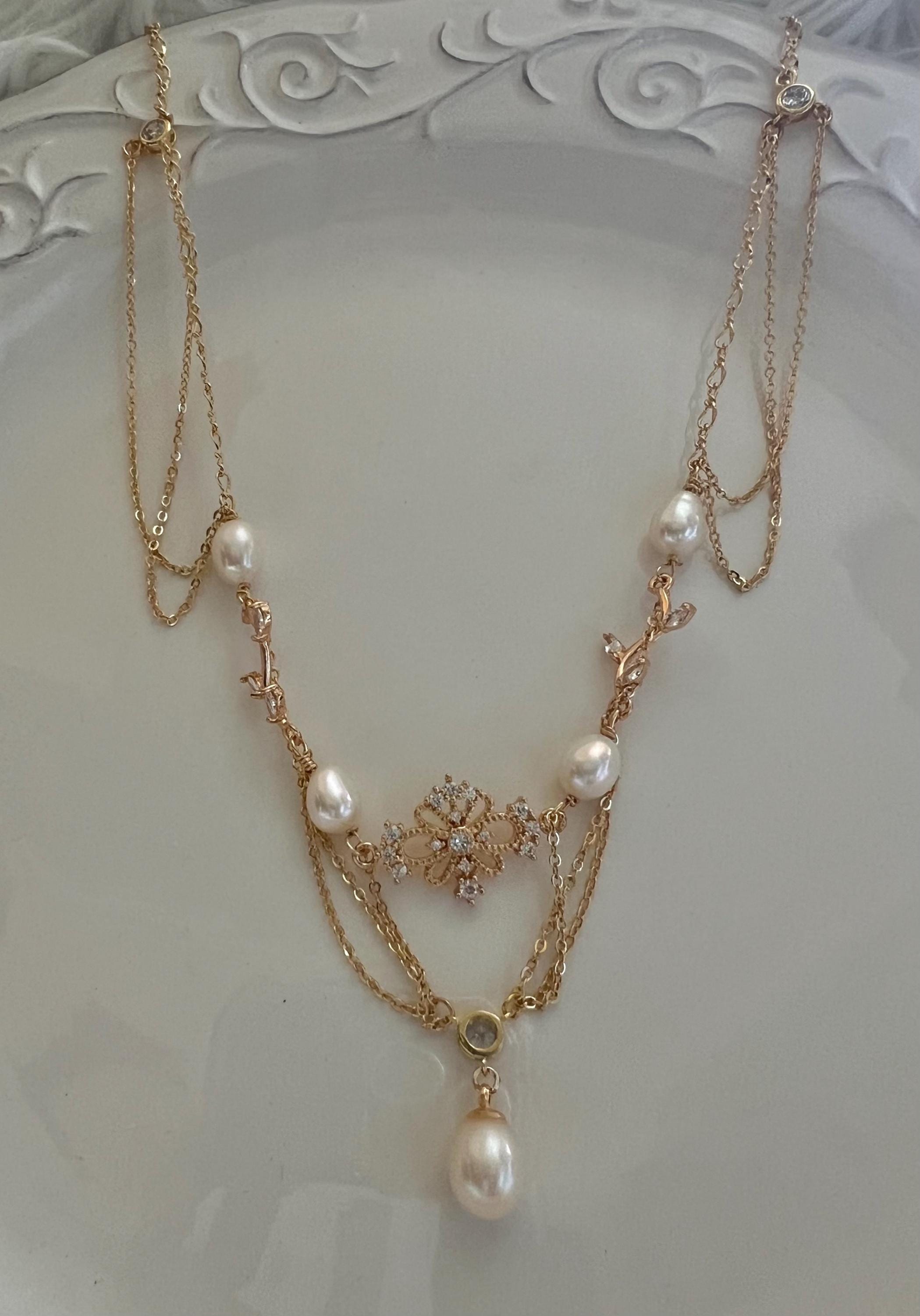 Vintage style freshwater pearl filigree necklace. Art nouveau necklace. Diamonds necklace. Victoria style necklace. Gift for her