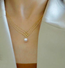 14k gold filled freshwater pearl France style double chain elegant dangle necklace. Wave necklace. Bridal necklace.