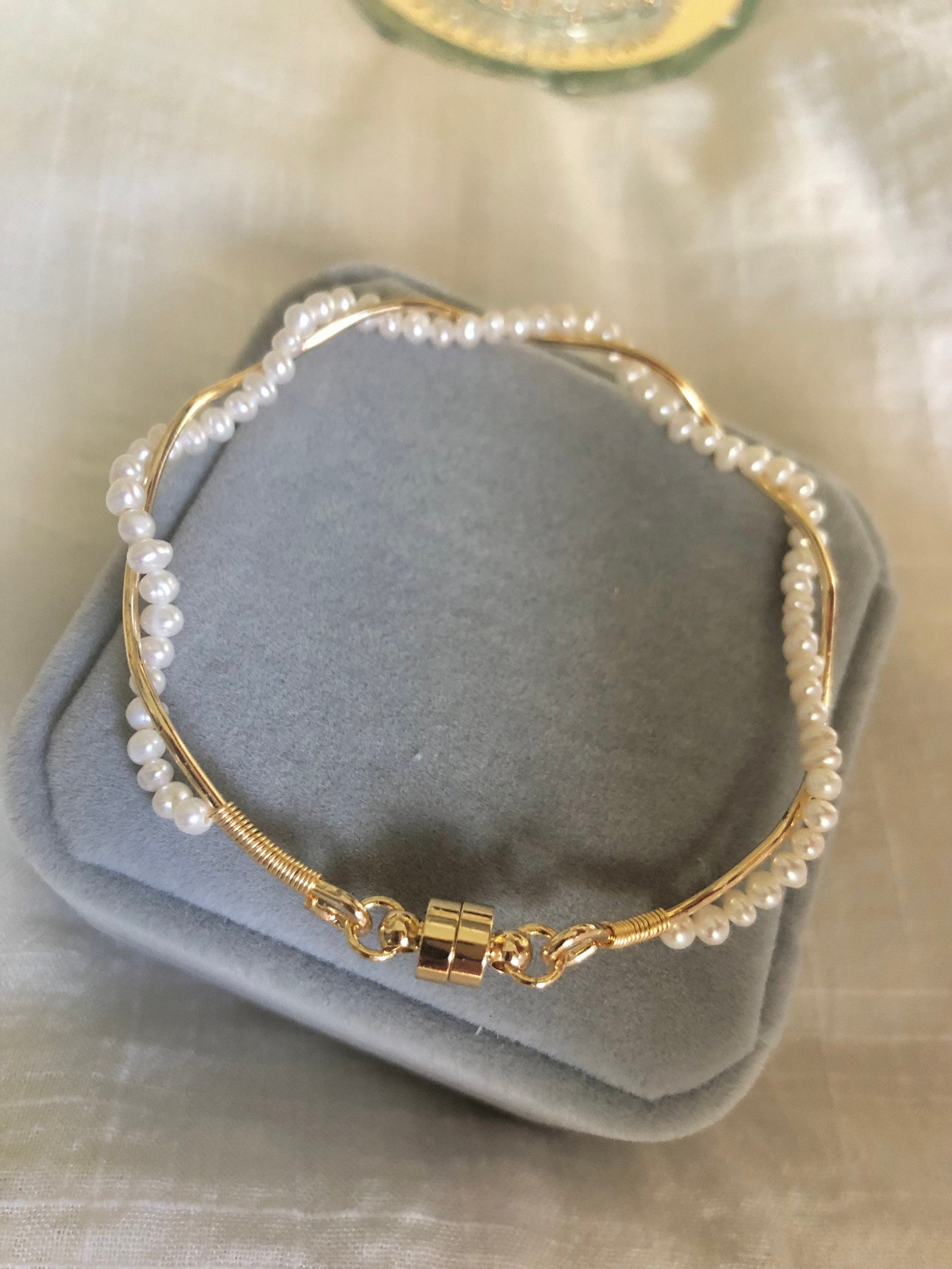 Freshwater pearl wrapped bracelet. Twisted pearl bracelet. Dainty bangle/bracelet. Boho bridal bracelet. Wedding bracelet. gift for her