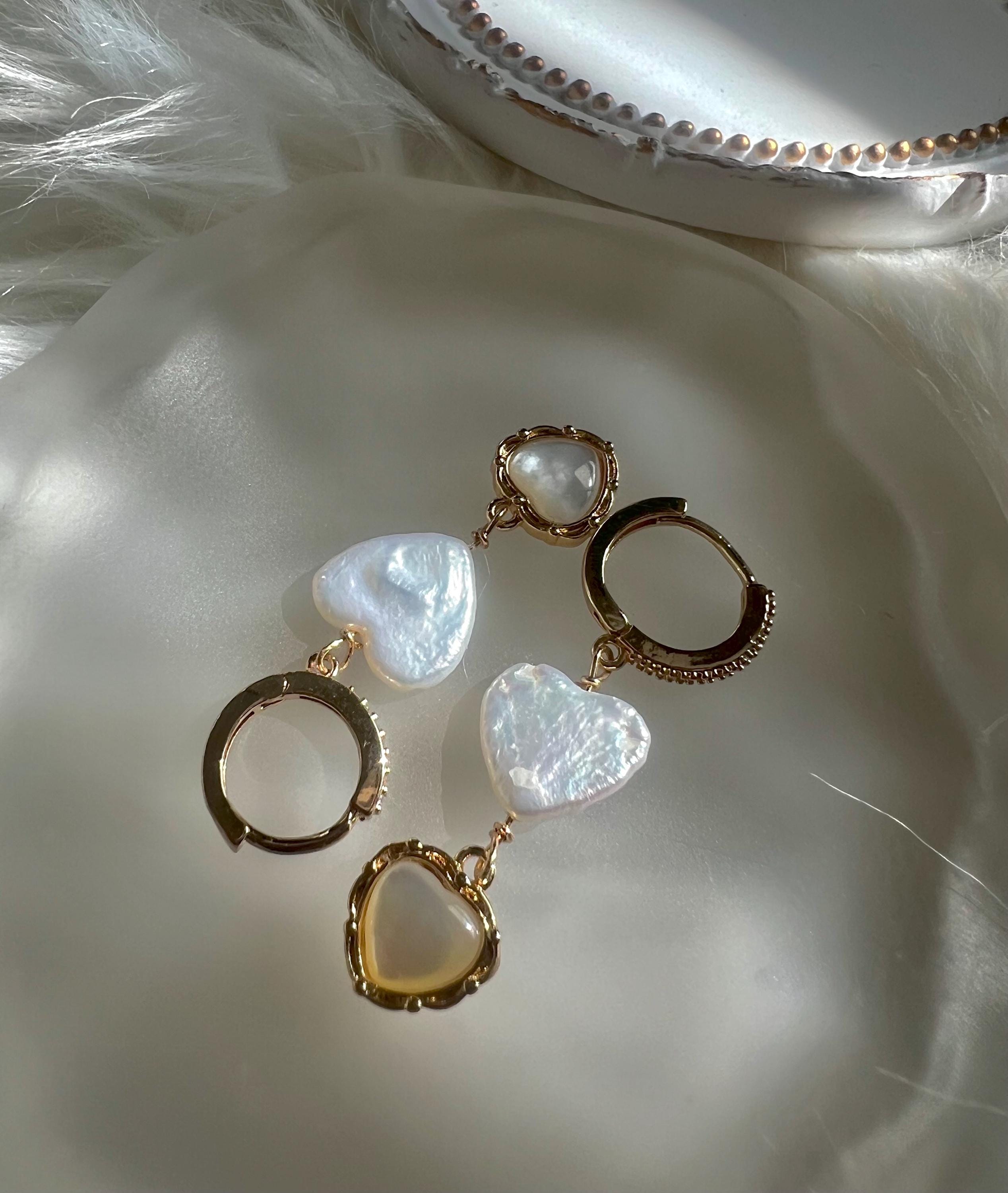 Heart shaped freshwater pearl mother of pearl hoop earring. Elegant earrings. Bridal earrings. Gift for her.