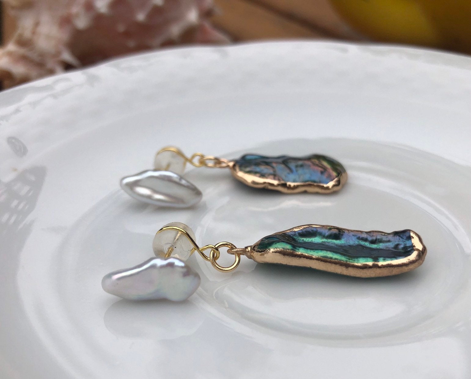 Peacock Baroque pearls front back stud earring. Unique large irregular pearl earring. Green and blue baroque pearl drop earring. Wedding.