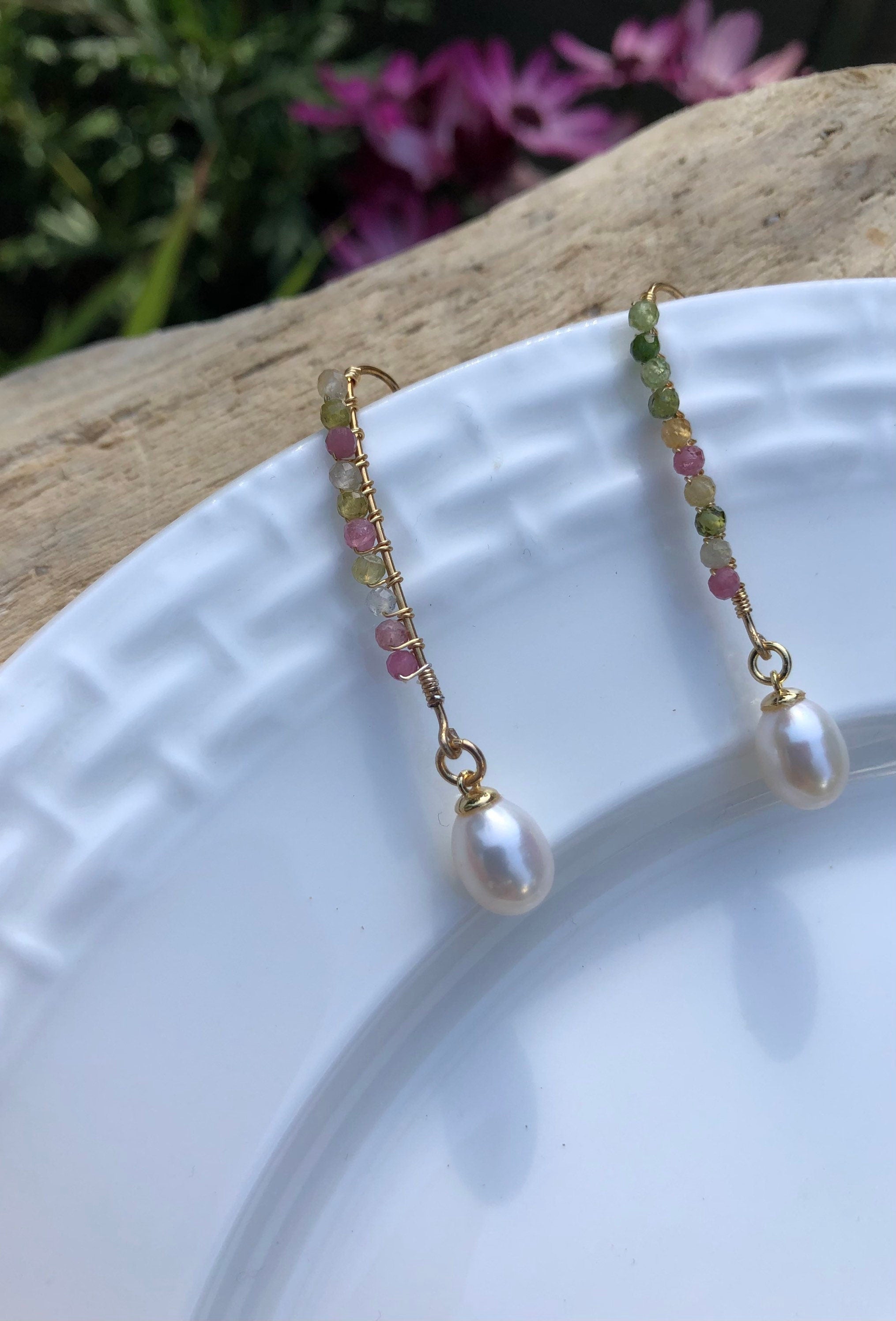 14K gold filled wire wrapped Genuine gemstones dangle charm freshwater pearl earrings. tourmaline earrings. Candy earrings.