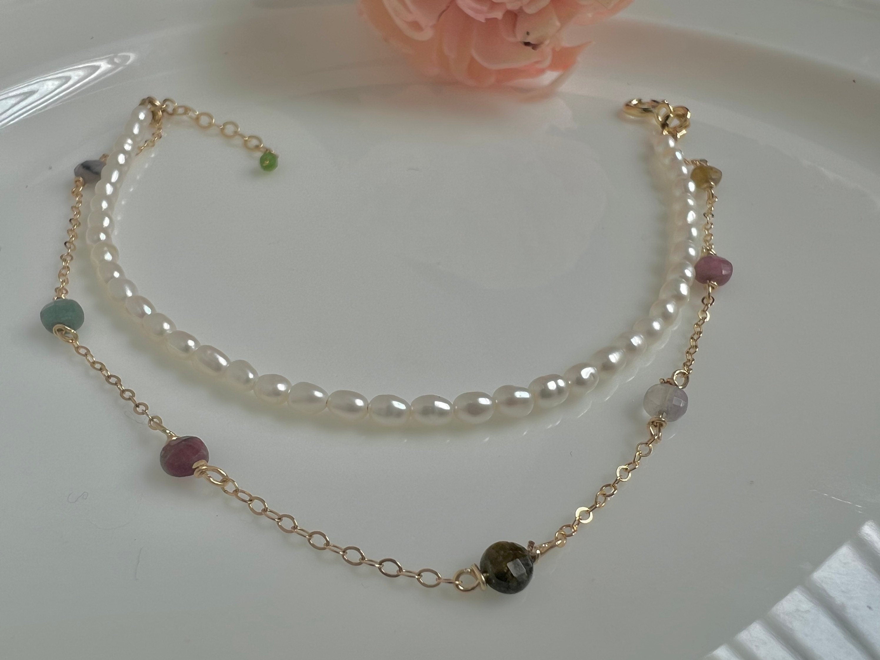 Freshwater Pearl gemstone double chain layered Bracelet. Gold & Silver elegant Chain Pearl Bracelet. Layering Chain Bracelet.