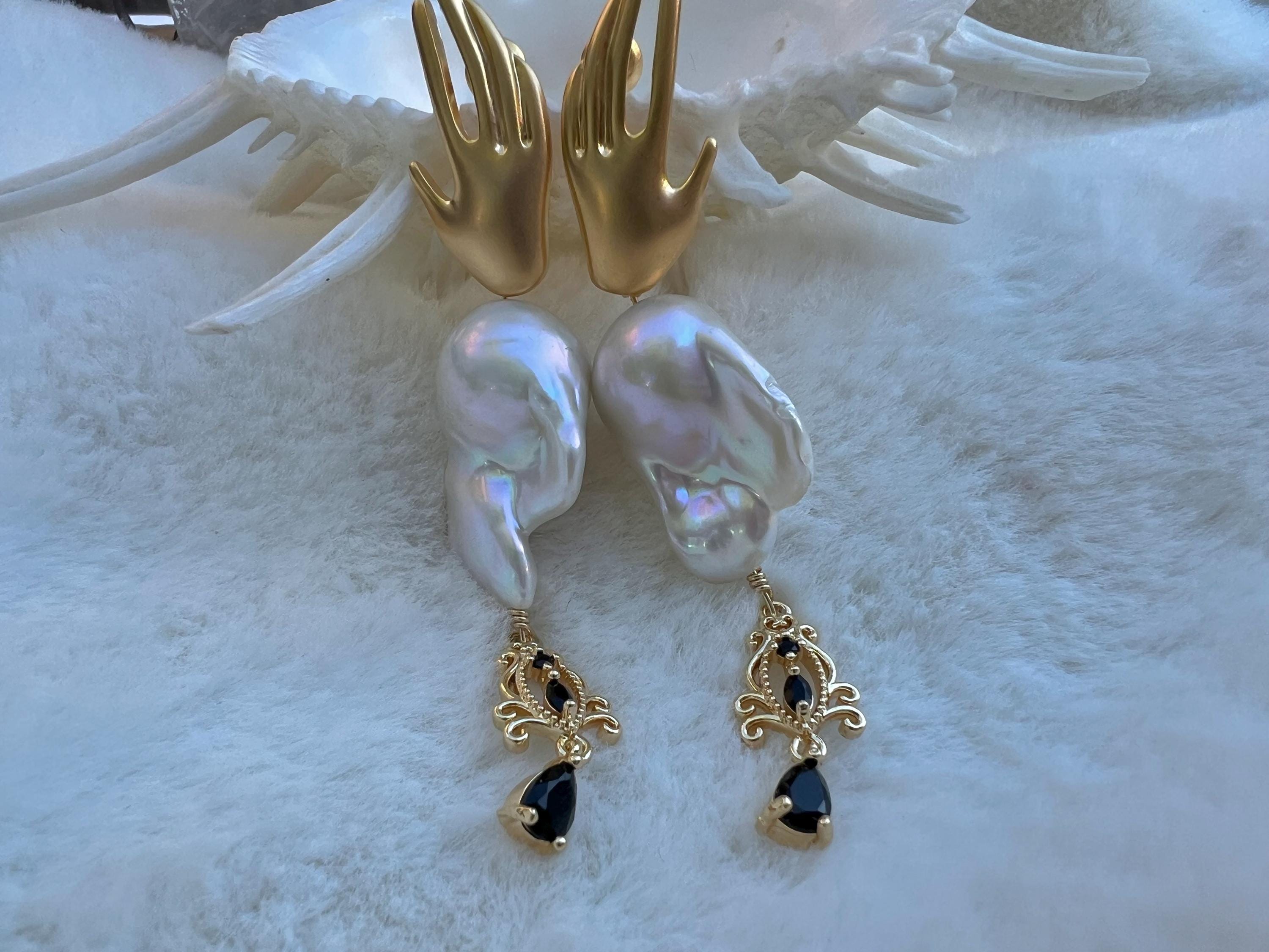 France style freshwater baroque vintage earrings. Gold hand design earrings. Boho luxe earring. Art deco earrings.