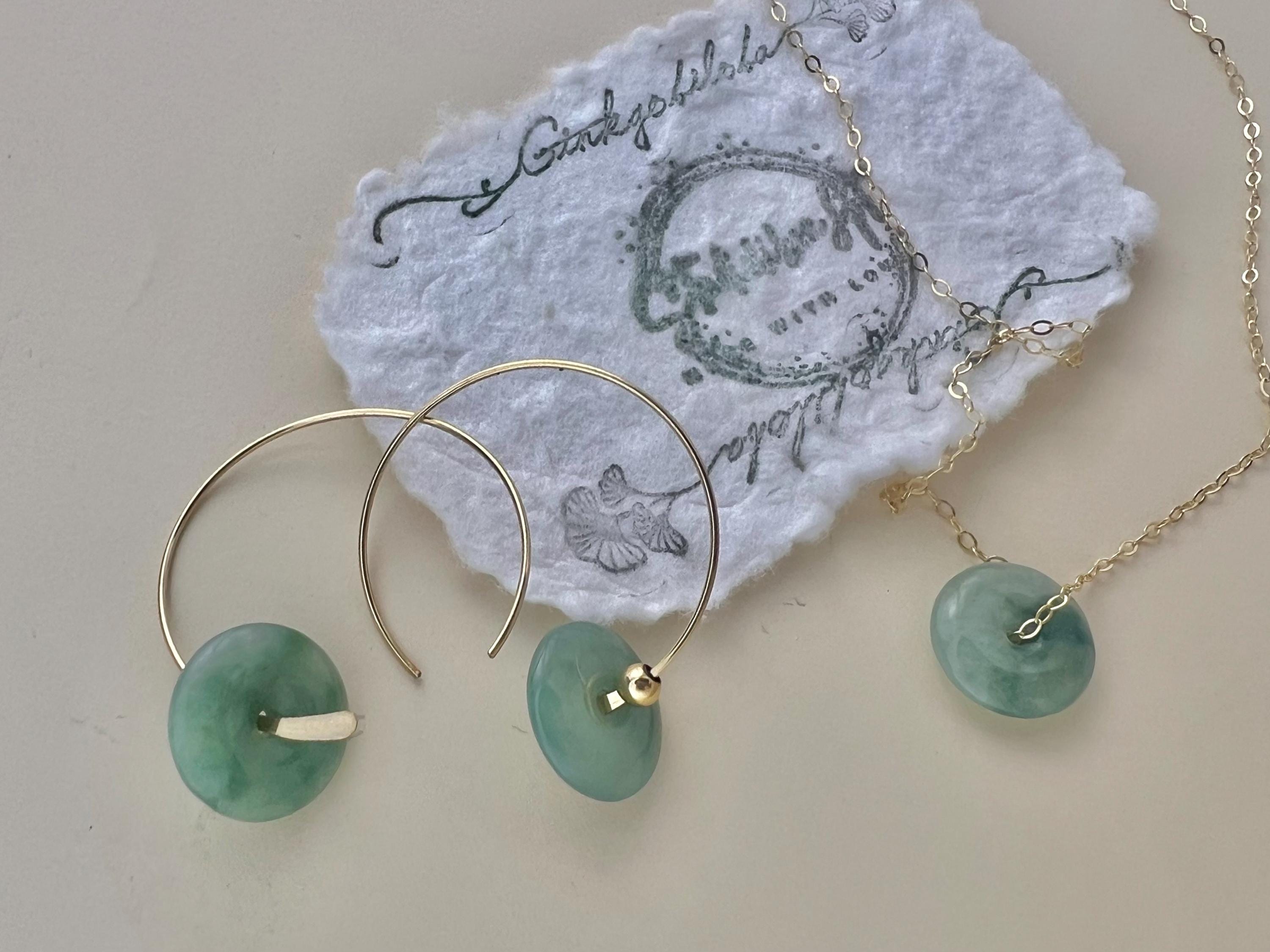 Jadeite Hoop Earrings, Jadeite Donut Earrings, Matching Jade Necklace Set. Minimalist Jewelry.