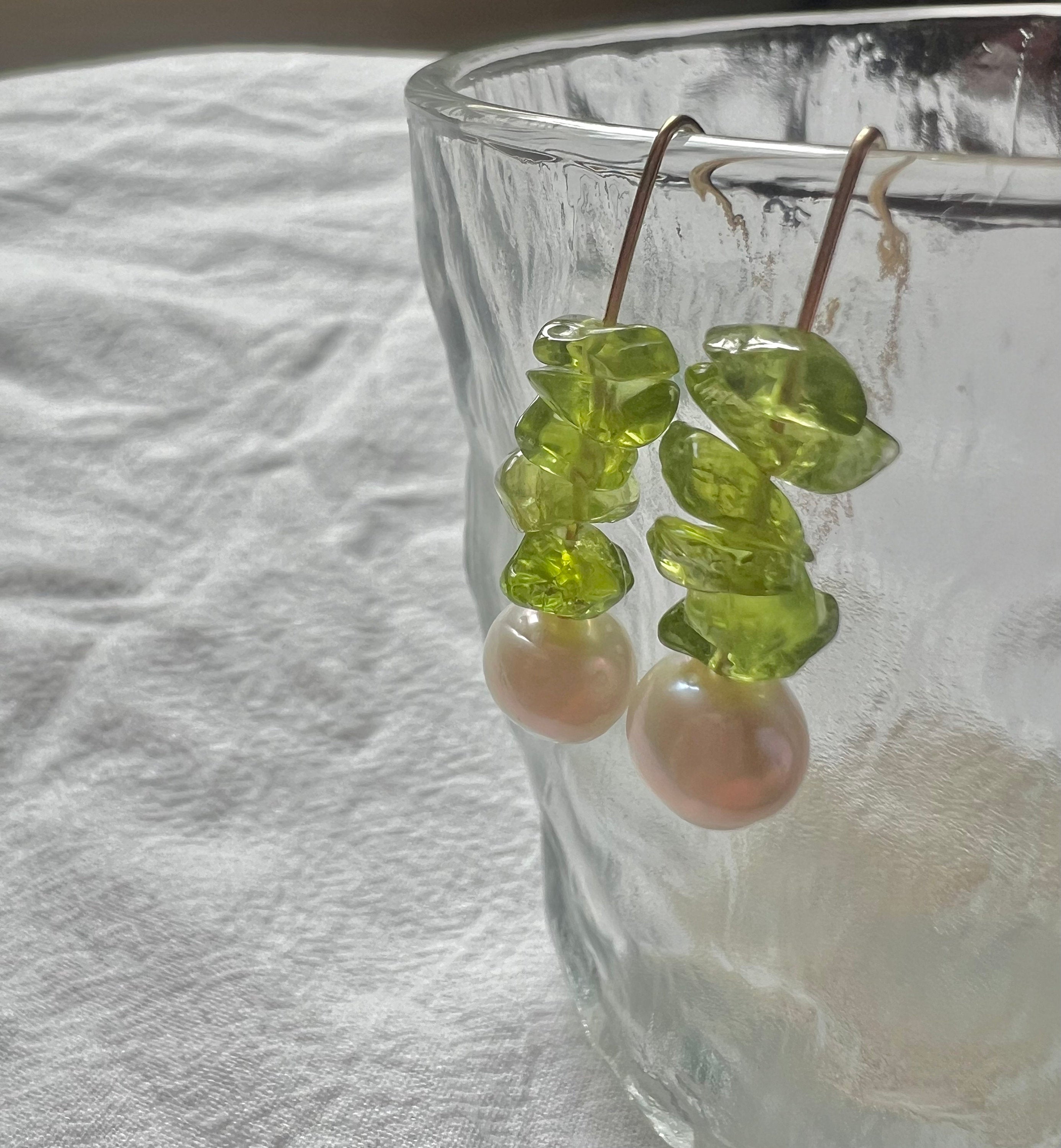 14K gold filled wire wrapped Genuine gemstones dangle charm freshwater pearl earrings. tourmaline earrings. Candy earrings.