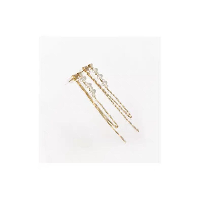 14K gold filled freshwater Pearl ear back dangle tassels earrings. minimalist chain earring. Bridal earring. Bridesmaid gift