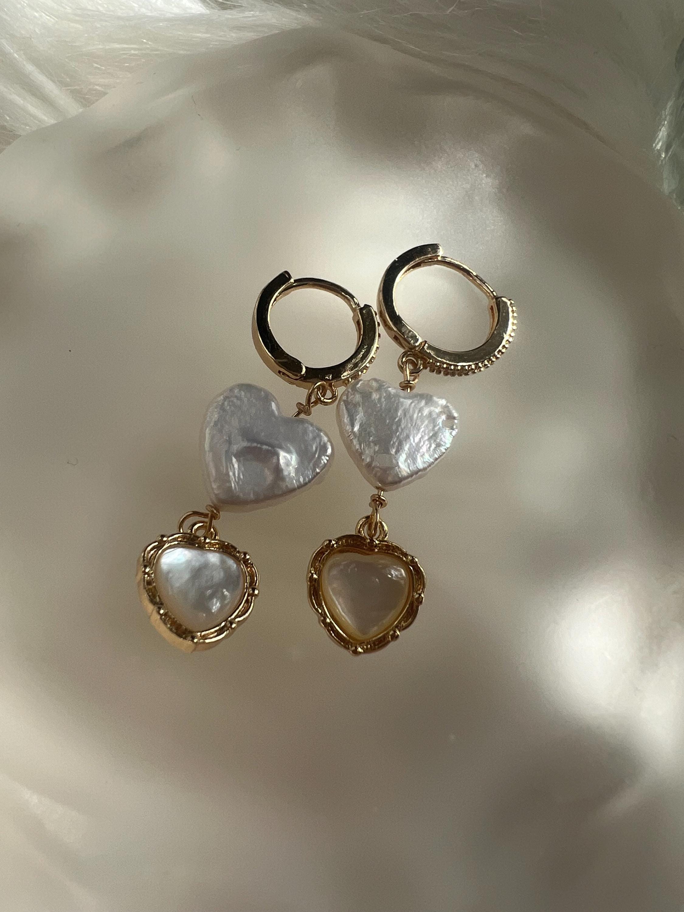 Heart shaped freshwater pearl mother of pearl hoop earring. Elegant earrings. Bridal earrings. Gift for her.