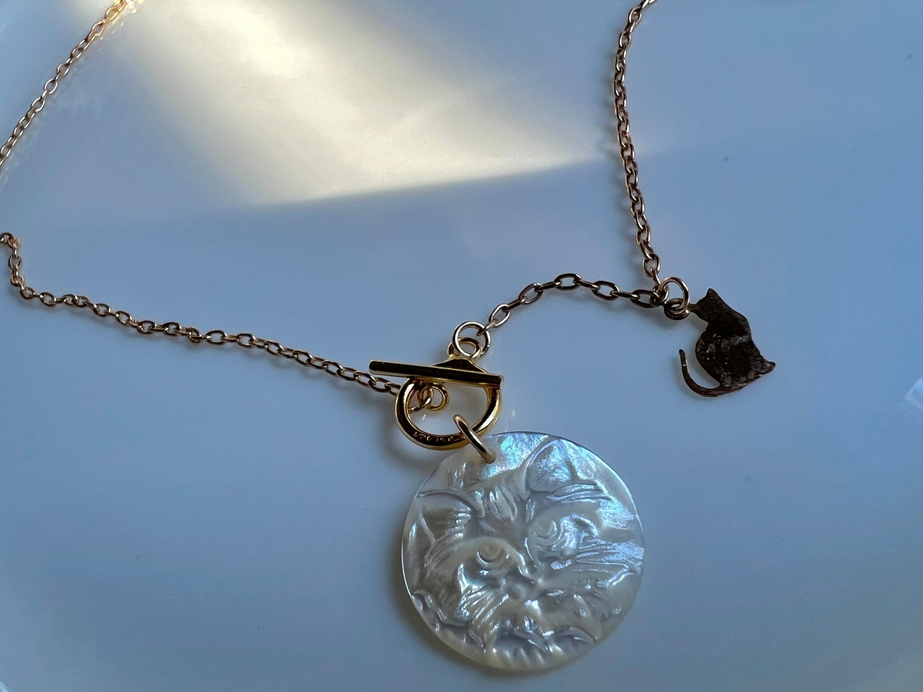 14K gold filled mother of pearl handcrafted cat necklace. OT clasp necklace. Animal necklace. Minimalist necklace. Cute necklace. Valentines