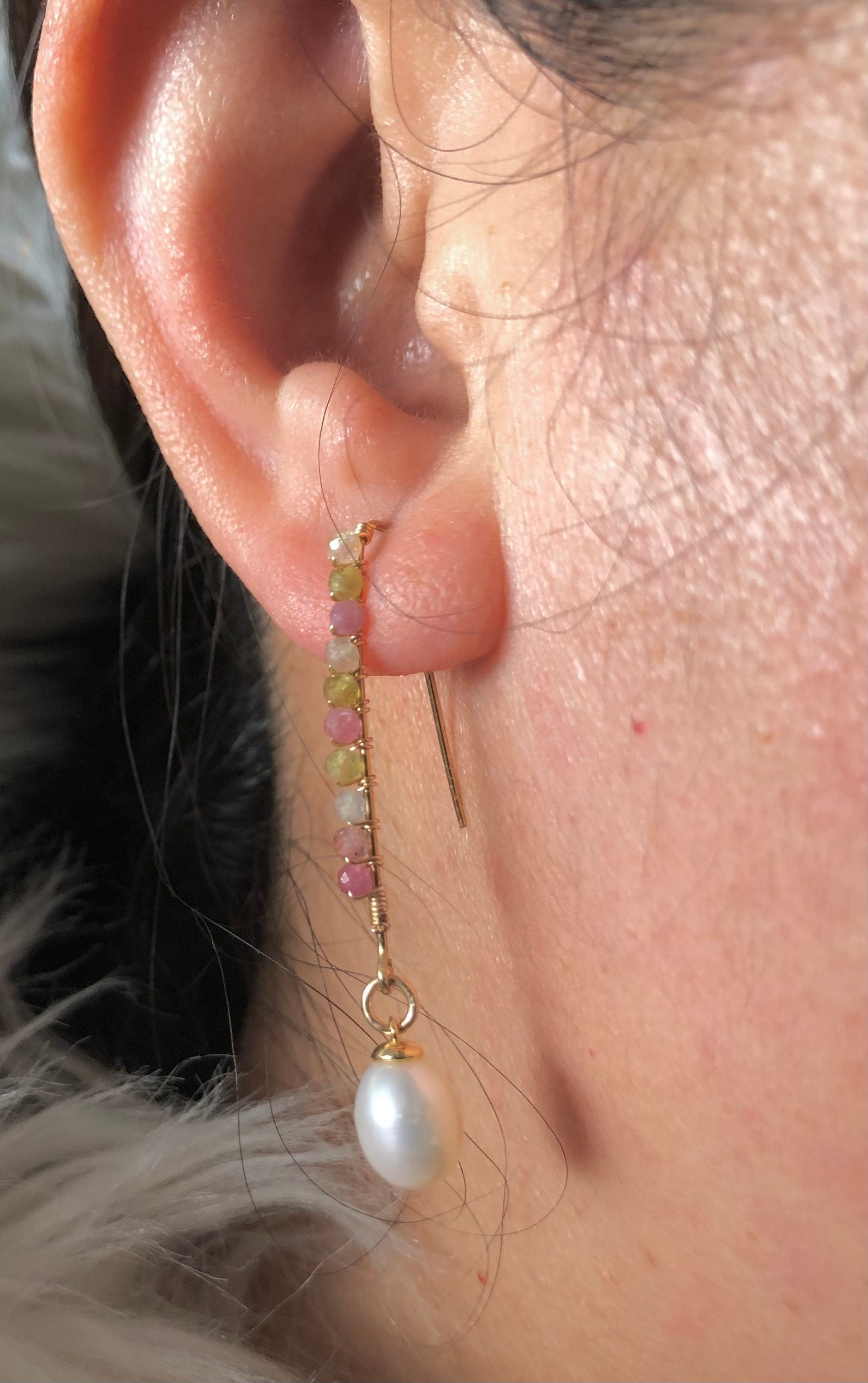 14K gold filled wire wrapped Genuine gemstones dangle charm freshwater pearl earrings. tourmaline earrings. Candy earrings.