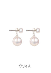 Freshwater double pearl ear back stud earrings. Baroque pearl dainty drop earrings. Bridal pearl dangle two ways earrings. Minimalist earrin