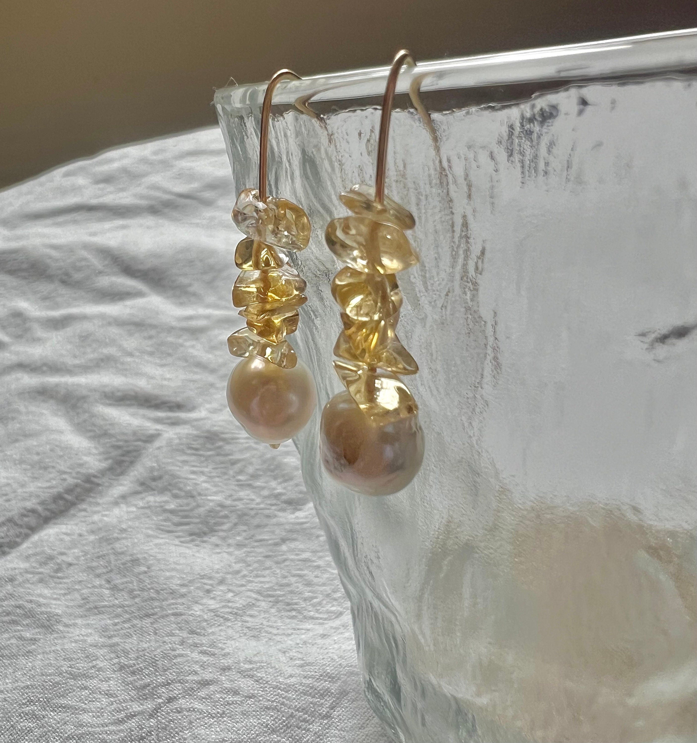 14K gold filled wire wrapped Genuine gemstones dangle charm freshwater pearl earrings. tourmaline earrings. Candy earrings.