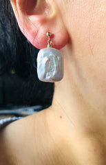 AAAA Square/natural shaped genuine baroque pearl clip on earring. No pain charm baroque pearl earring. Comfortable non pierced ear clip
