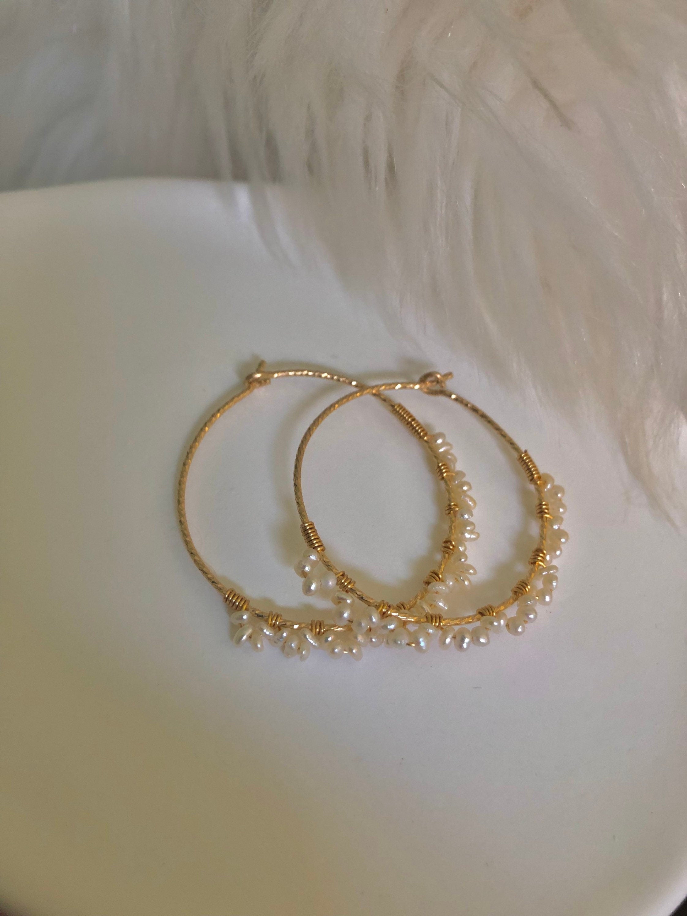 14K gold filled freshwater tiny pearl wire wrapped hoop earring. Minimalist pearl earrings. Bridal earrings. Bridesmaid gift.
