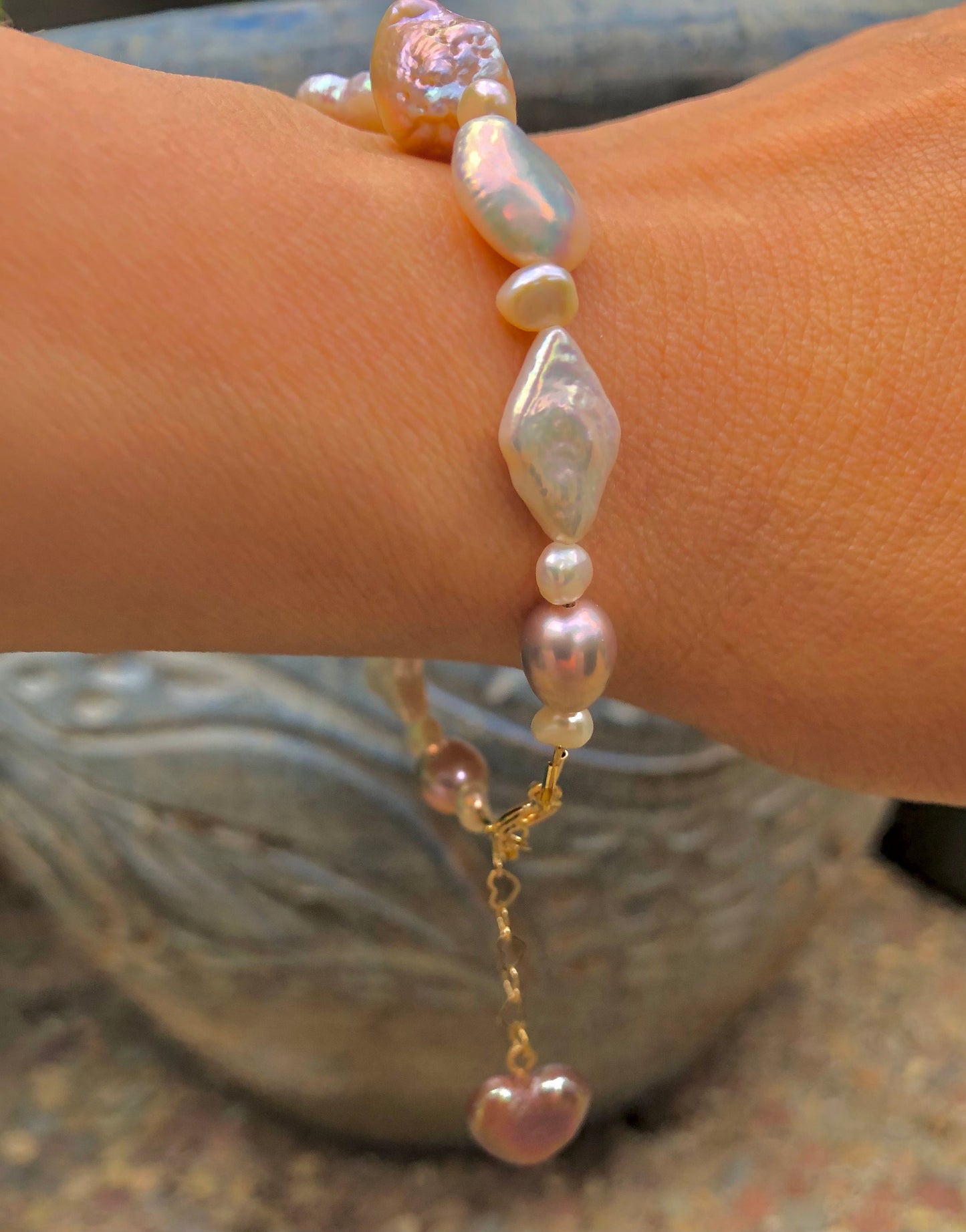 14K gold filled Freshwater pearl bracelet. Art Deco bracelet. Baroque pearl bracelet. Candy bracelet. Multi-color multi-shape bracelet.