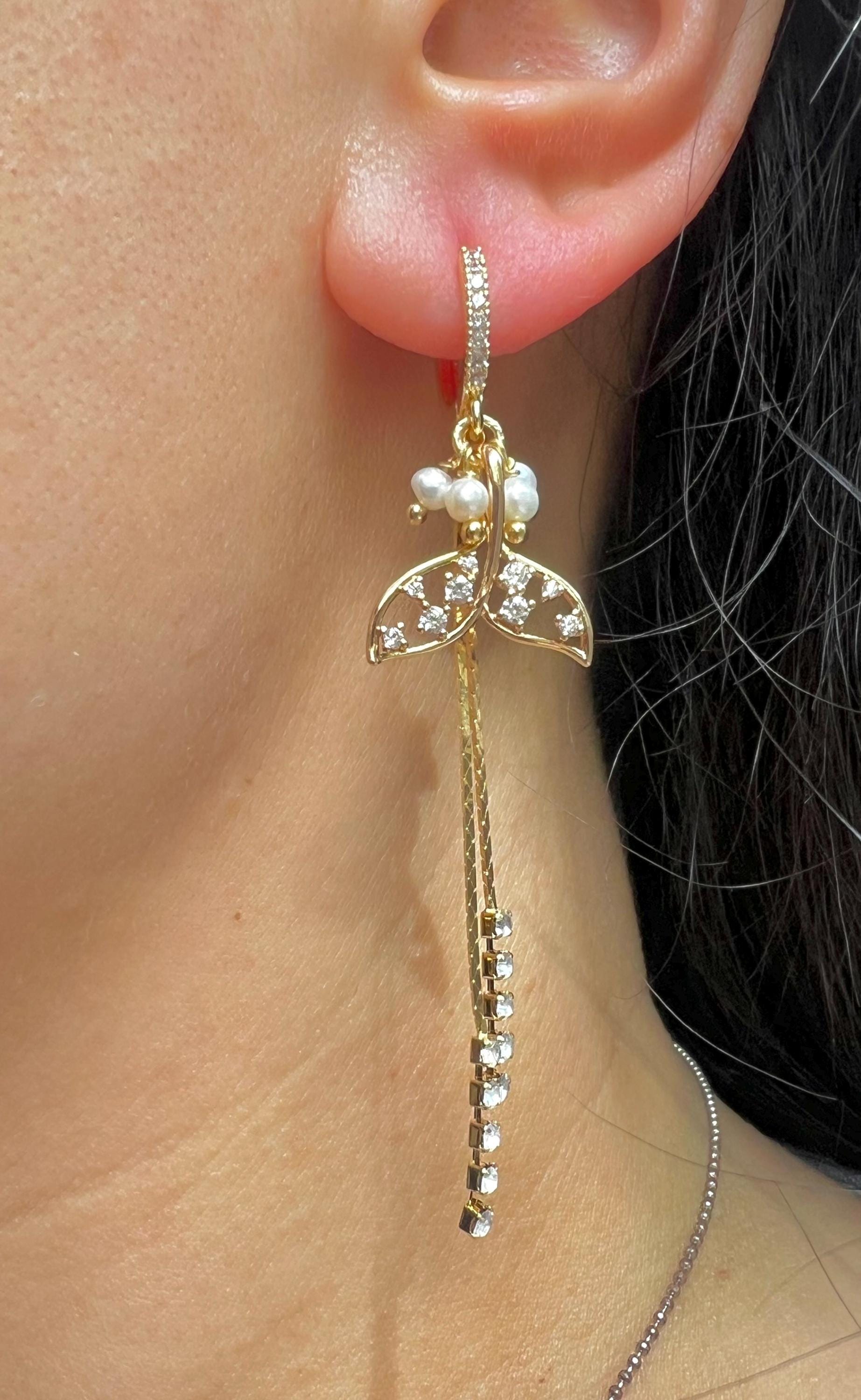 Chic sparkling crystal mermaid freshwater pearl hoop dangle earring. Diamond earrings. Bridal earrings. Gift for her.