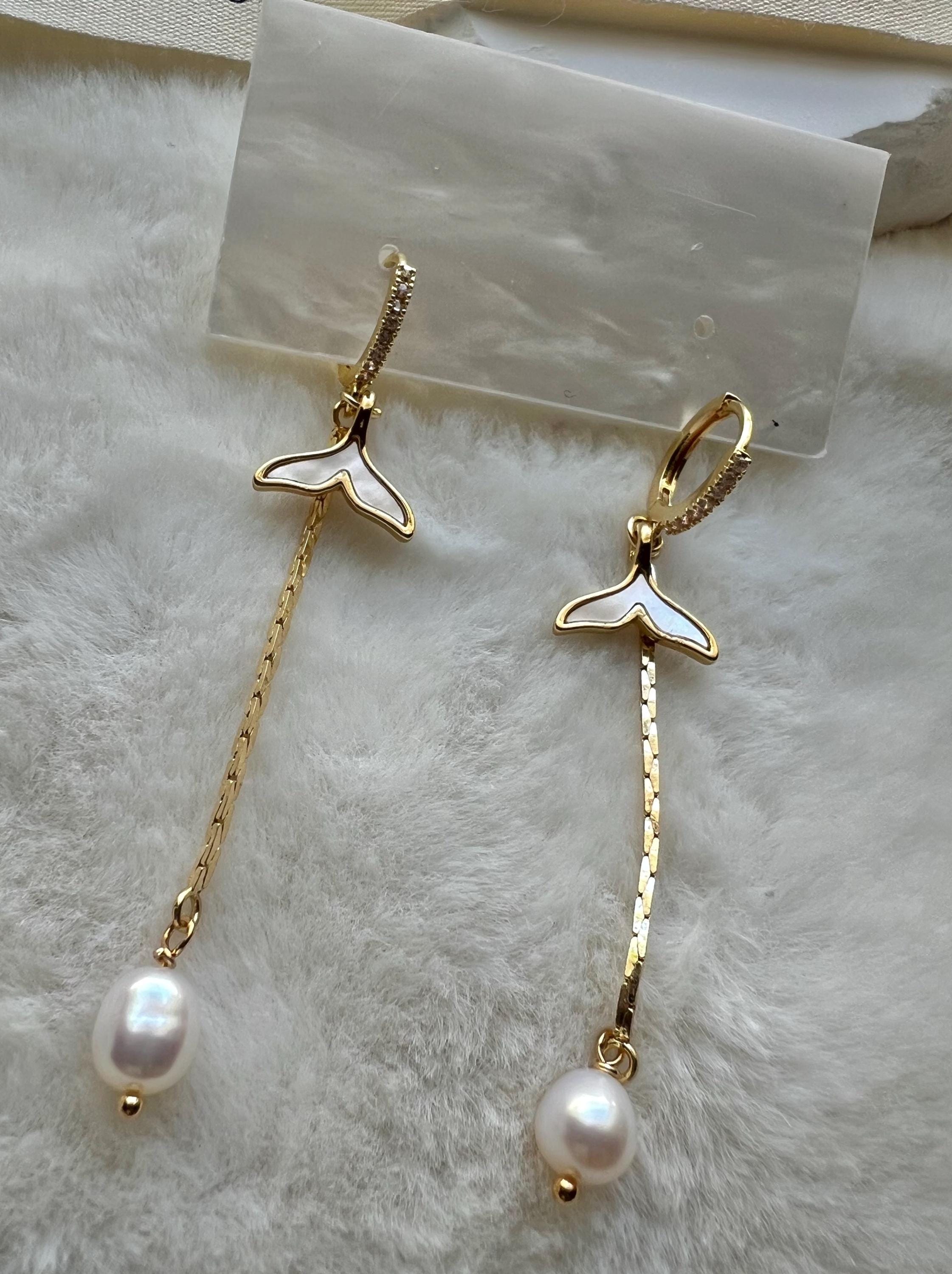 Chic sparkling crystal mermaid freshwater pearl hoop dangle earring. Diamond earrings. Bridal earrings. Gift for her.