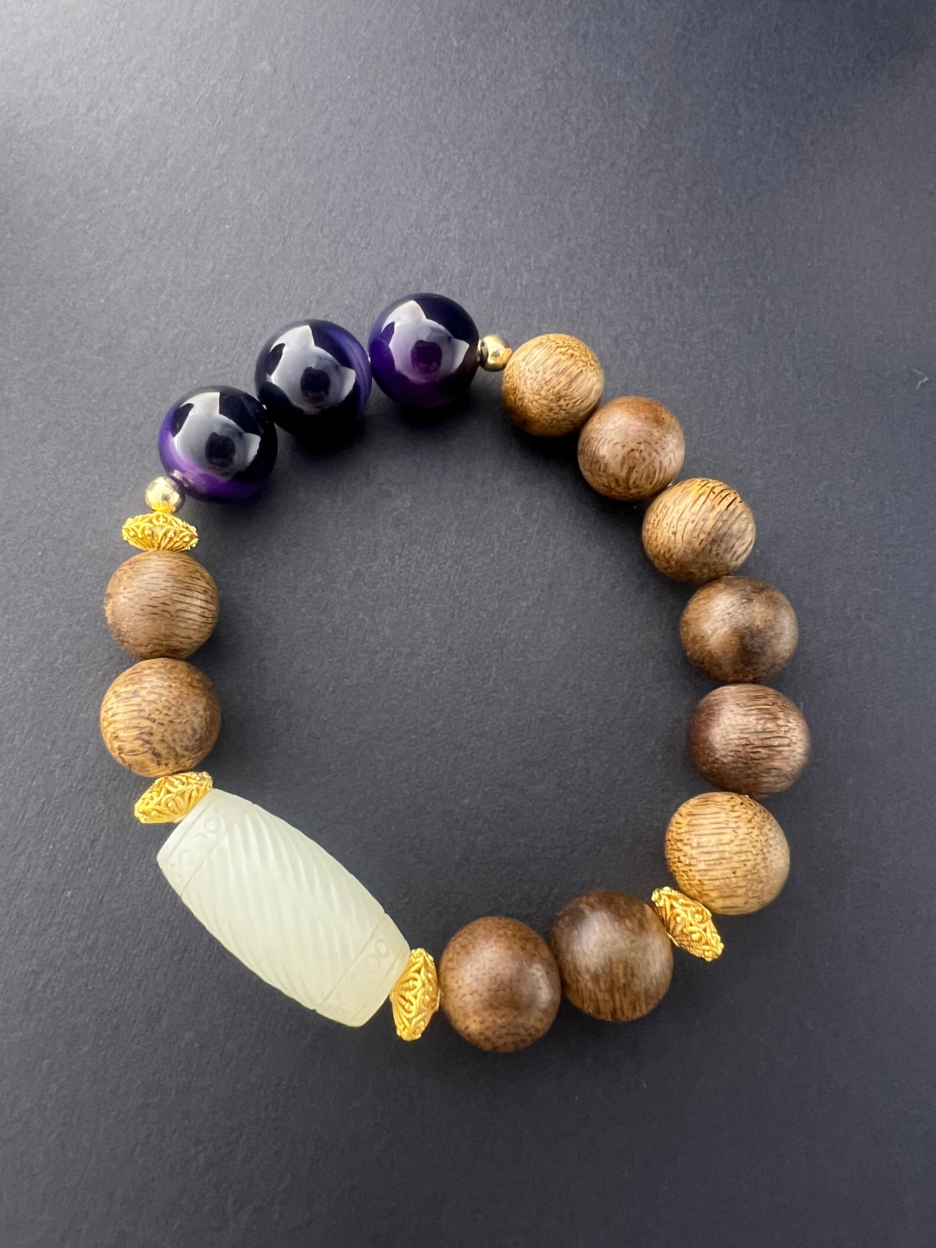 Harmony Series Bracelet: Amethyst, Agarwood, & Carved Jade