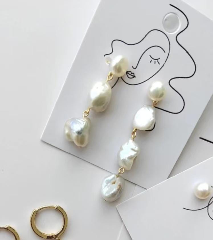 Chic freshwater baroque pearl /keshi pearl dangle earring. Boho bridal earring. Single/Double/triple Petal pearl earrings. Bridesmaid gift.