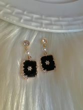 Vintage Black Onyx Pendant Freshwater pearl earrings pave Set Diamond Earrings. Natural Black Agate gold Earrings. Art Deco Earrings.