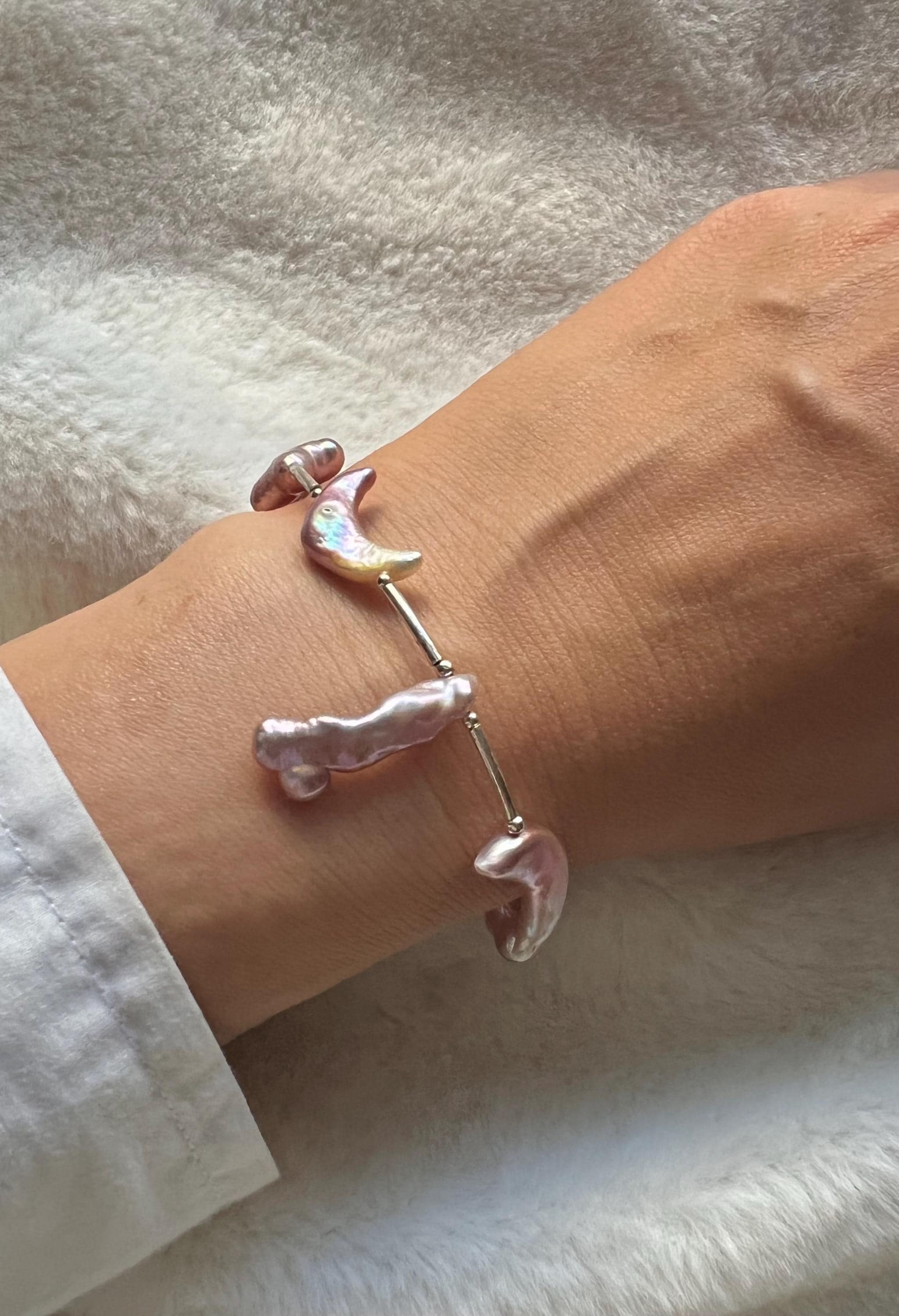 925 sterling silver Freshwater celestial baroque pearl bracelet. Iridescent pearl bracelet. Moon and star necklace/bracelet. Gift for her