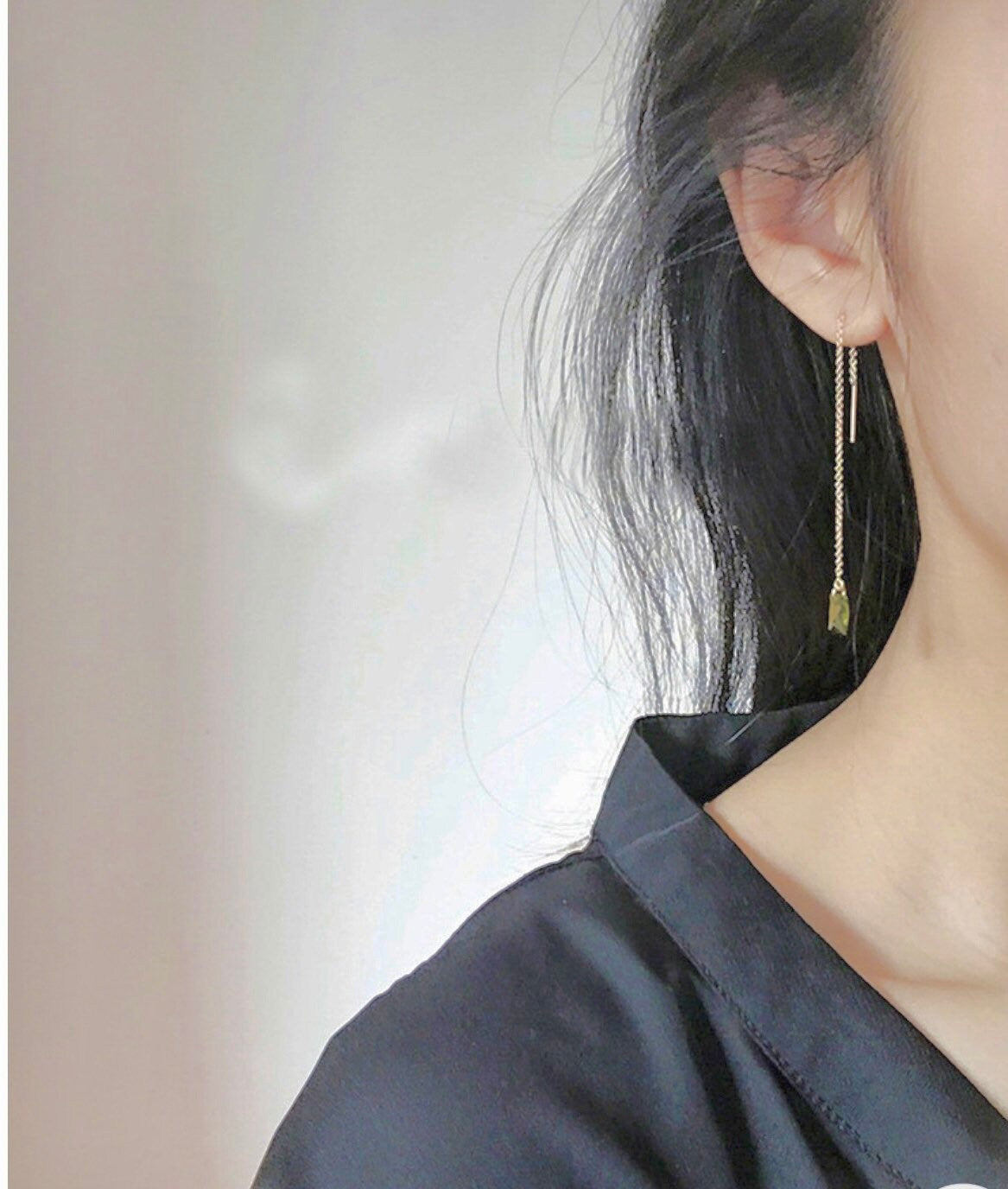 14K gold filled dangle olivine green threader/earrings. Transparent rectangular shaped earrings. CZ crystal earrings. Drop earrings.