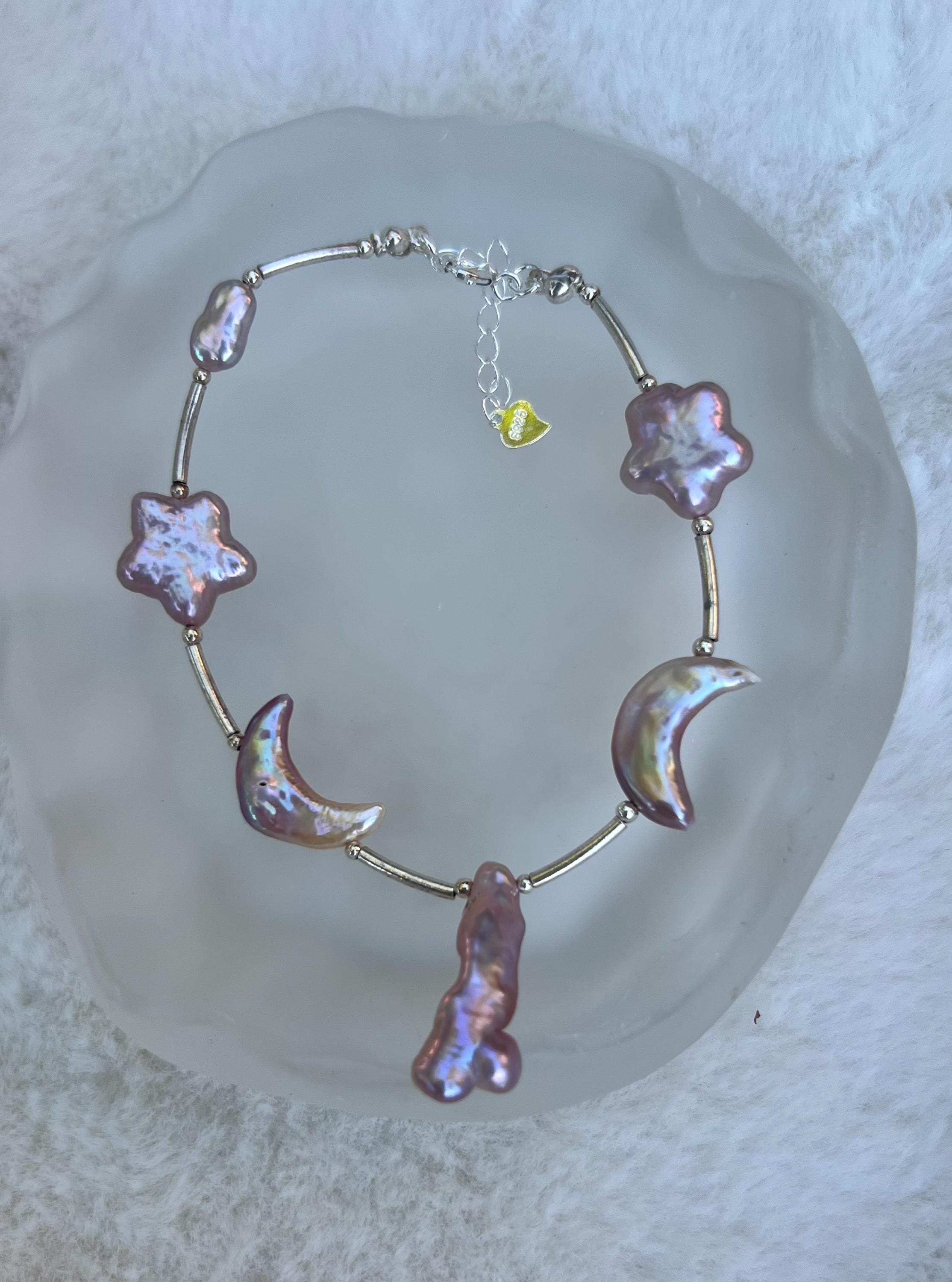 925 sterling silver Freshwater celestial baroque pearl bracelet. Iridescent pearl bracelet. Moon and star necklace/bracelet. Gift for her