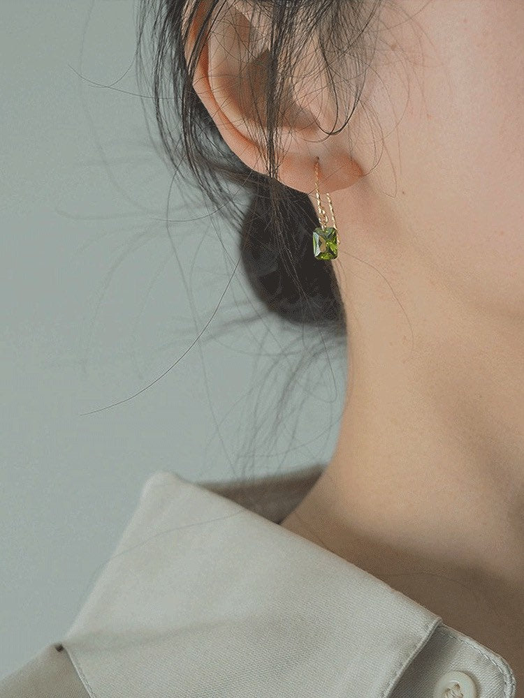 14K gold filled dangle olivine green threader/earrings. Transparent rectangular shaped earrings. CZ crystal earrings. Drop earrings.