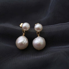 Freshwater double pearl ear back stud earrings. Baroque pearl dainty drop earrings. Bridal pearl dangle two ways earrings. Minimalist earrin
