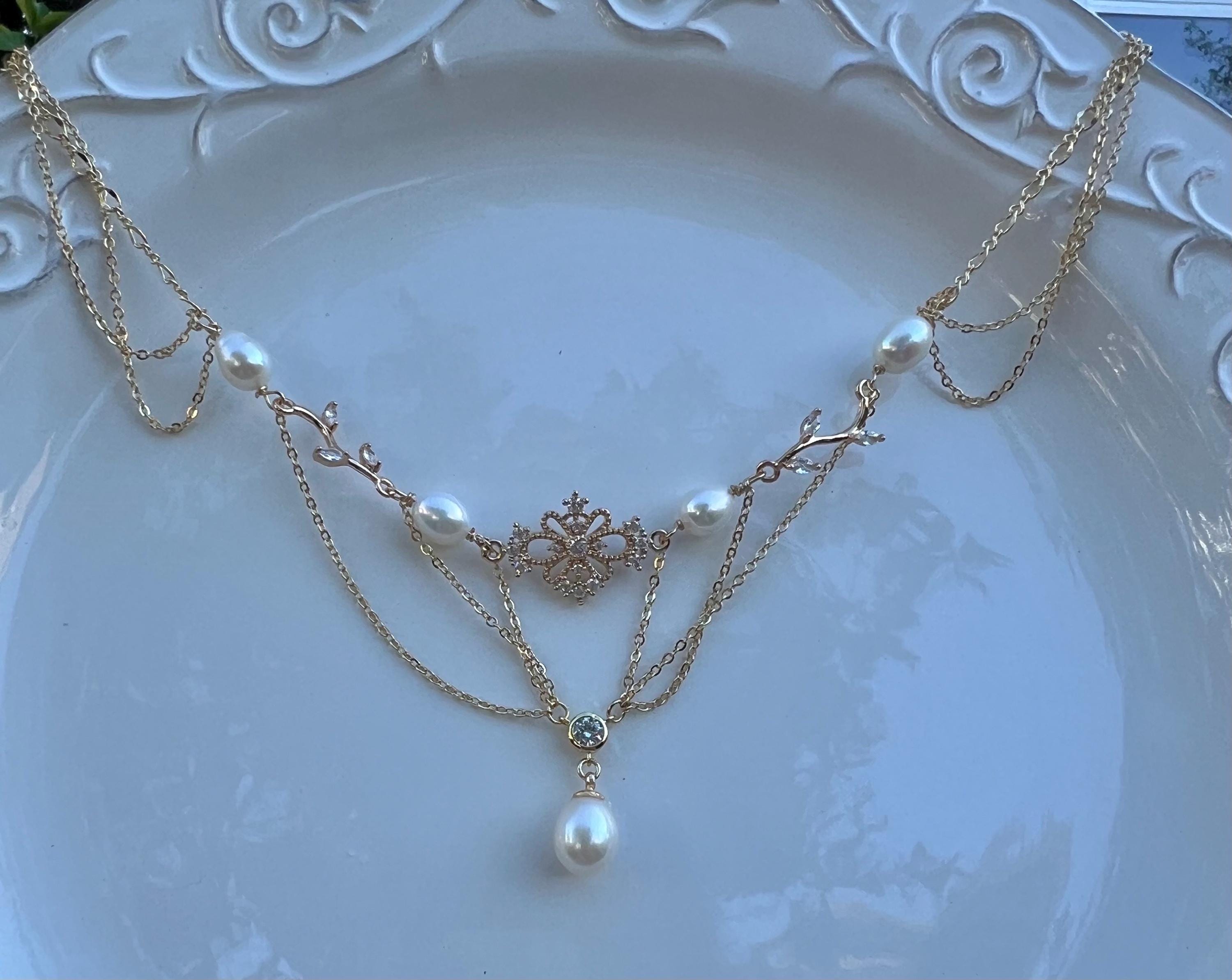 Vintage style freshwater pearl filigree necklace. Art nouveau necklace. Diamonds necklace. Victoria style necklace. Gift for her