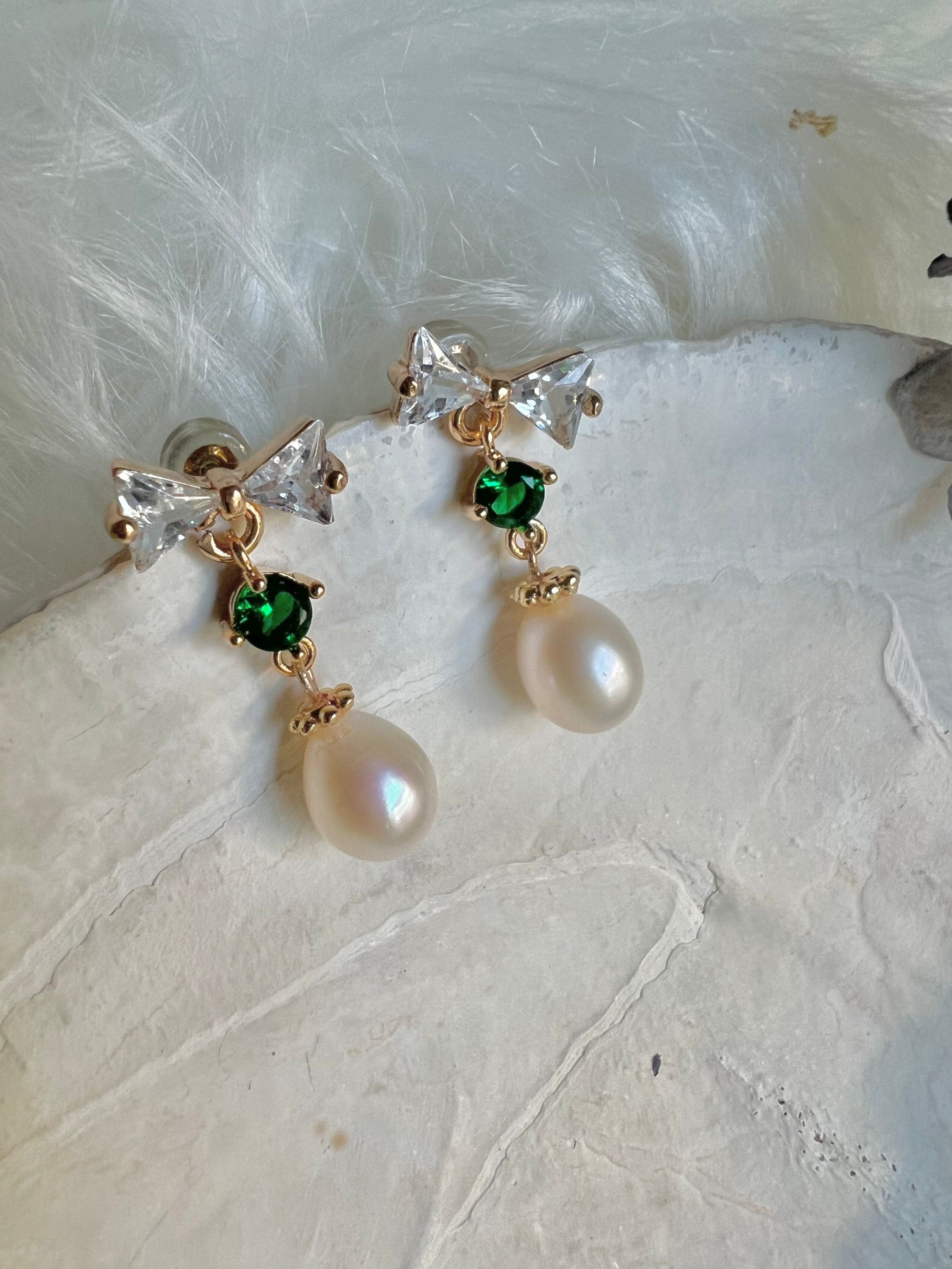 Butterfly stud freshwater pearl dangle earrings in sterling sliver. Delicate earrings. CZ crystal earrings. Emerald earrings. Drop earrings.