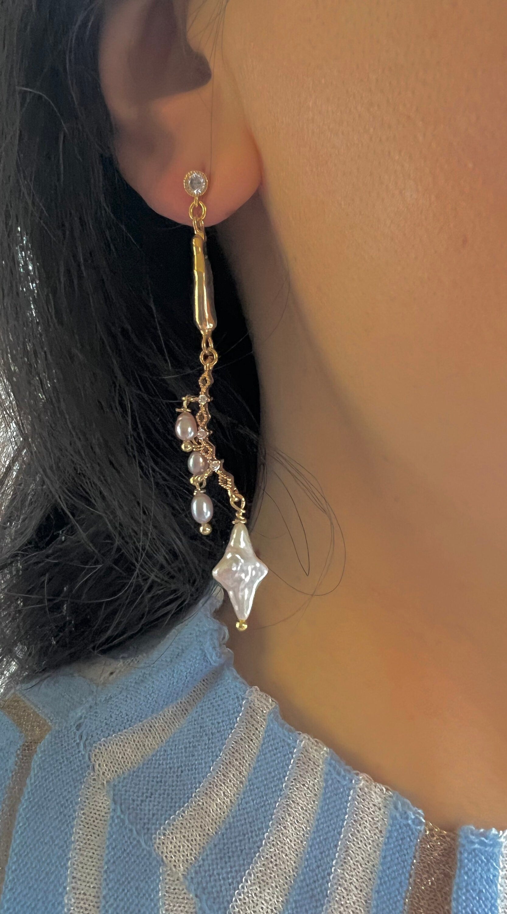 Genuine freshwater irregular baroque pearl long dangle star earrings . Unbalanced. Bridal boho pearl earrings. Art deco pearl earrings.