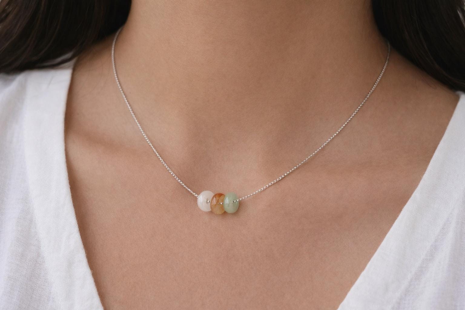 Dainty Jade Donut Necklace, Minimalist 925 Sterling Silver or gold filled Necklace, Tiny Jade Beads, 15 Inch Necklace, Gift for Her