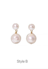 Freshwater double pearl ear back stud earrings. Baroque pearl dainty drop earrings. Bridal pearl dangle two ways earrings. Minimalist earrin